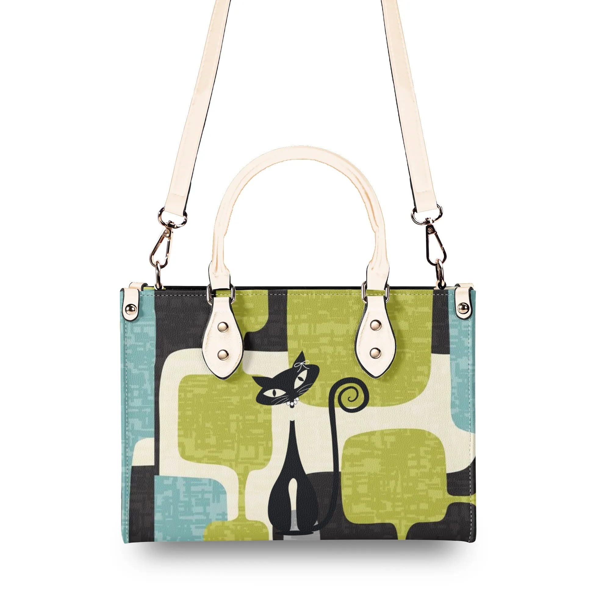 Mid Century Modern Atomic Cat, Mid Mod Geometric Aqua, Green Handbag - Mid Century Modern Gal