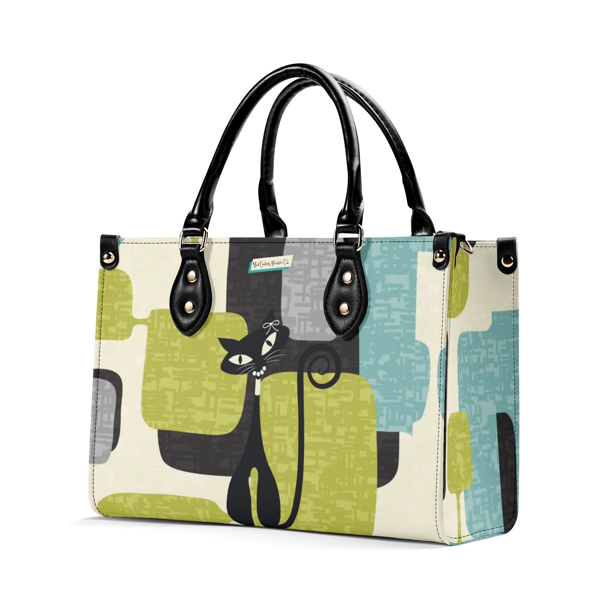 Mid Century Modern Atomic Cat, Mid Mod Geometric Aqua, Green Handbag - Mid Century Modern Gal