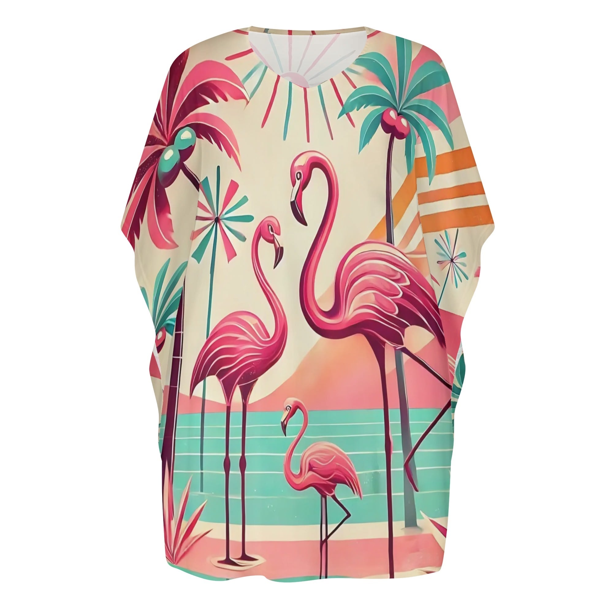 50s Flamingo Dress, Palm Springs Cali Womens V-Neck Plus Size Loose Dress - Mid Century Modern Gal