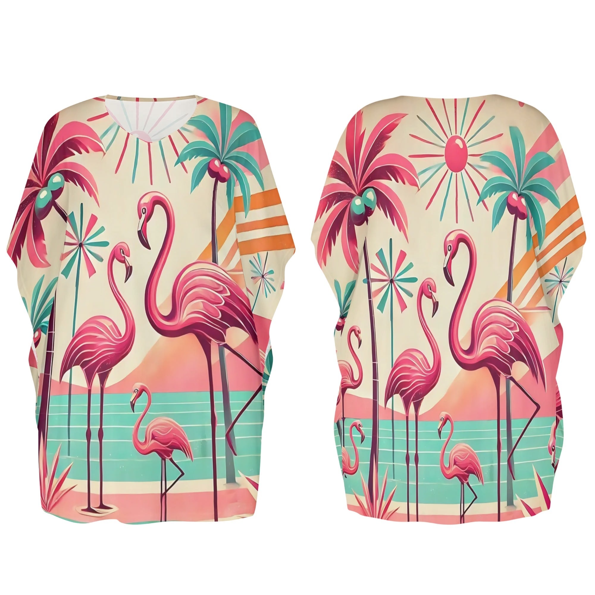 50s Flamingo Dress, Palm Springs Cali Womens V-Neck Plus Size Loose Dress - Mid Century Modern Gal