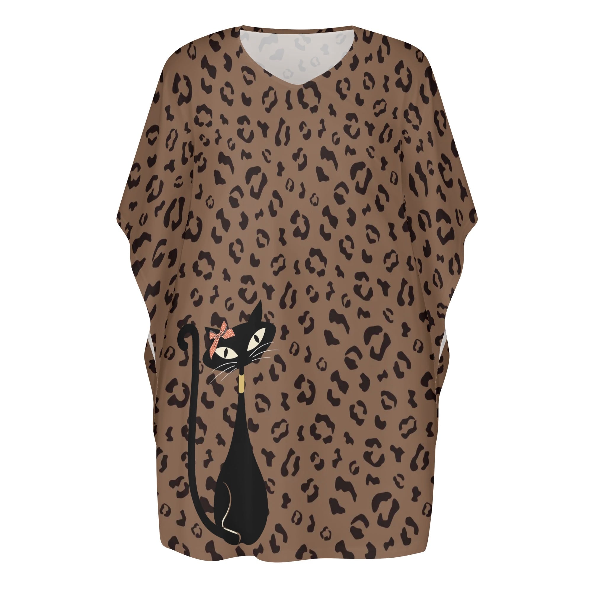 50s Leopard Print, Retro Mod Womens V-Neck Plus Size Loose Dress - Mid Century Modern Gal