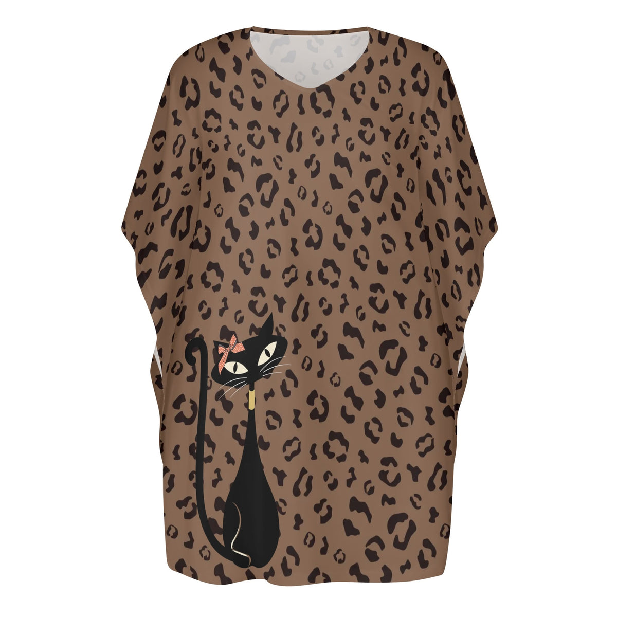 50s Leopard Print, Retro Mod Womens V-Neck Plus Size Loose Dress - Mid Century Modern Gal