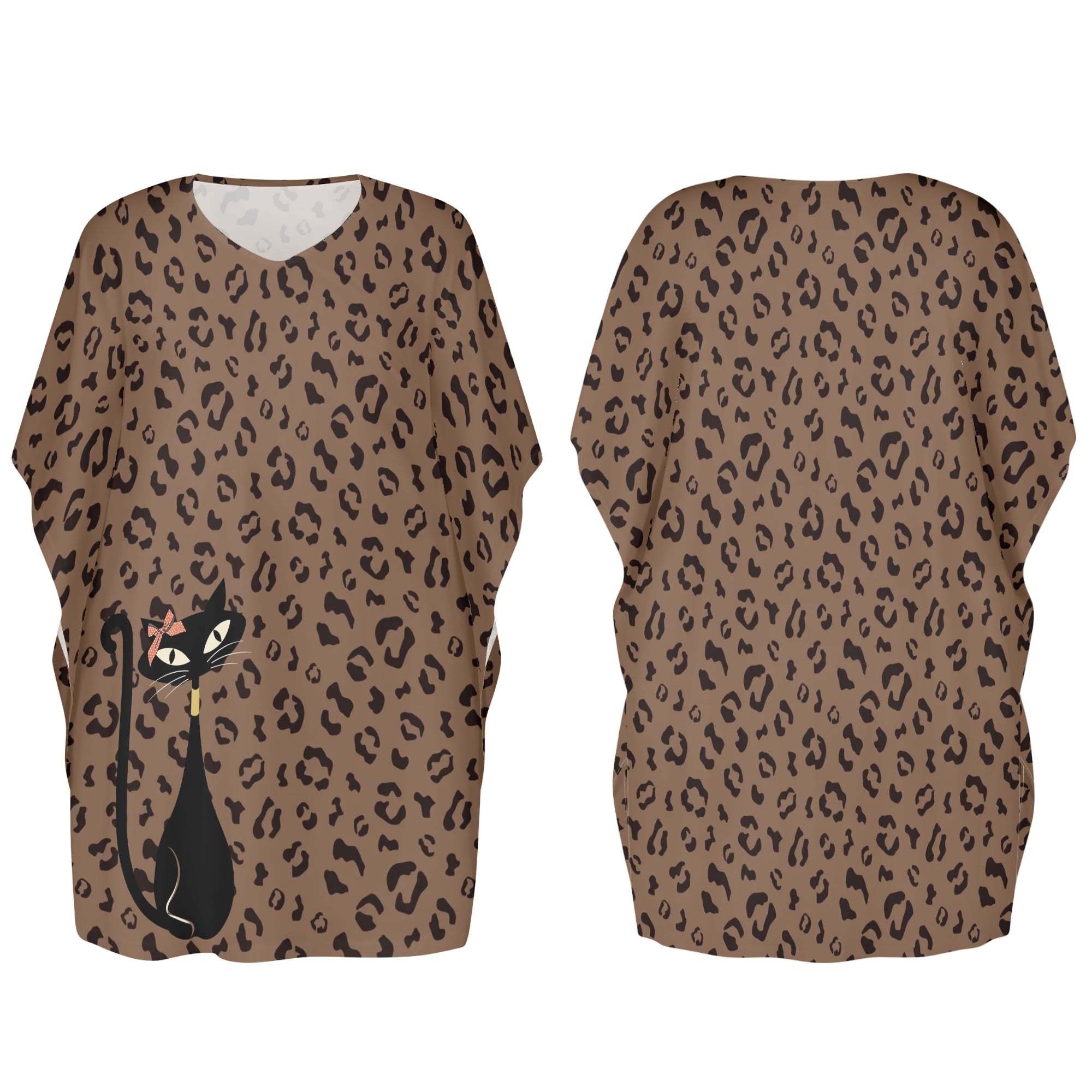 50s Leopard Print, Retro Mod Womens V-Neck Plus Size Loose Dress - Mid Century Modern Gal