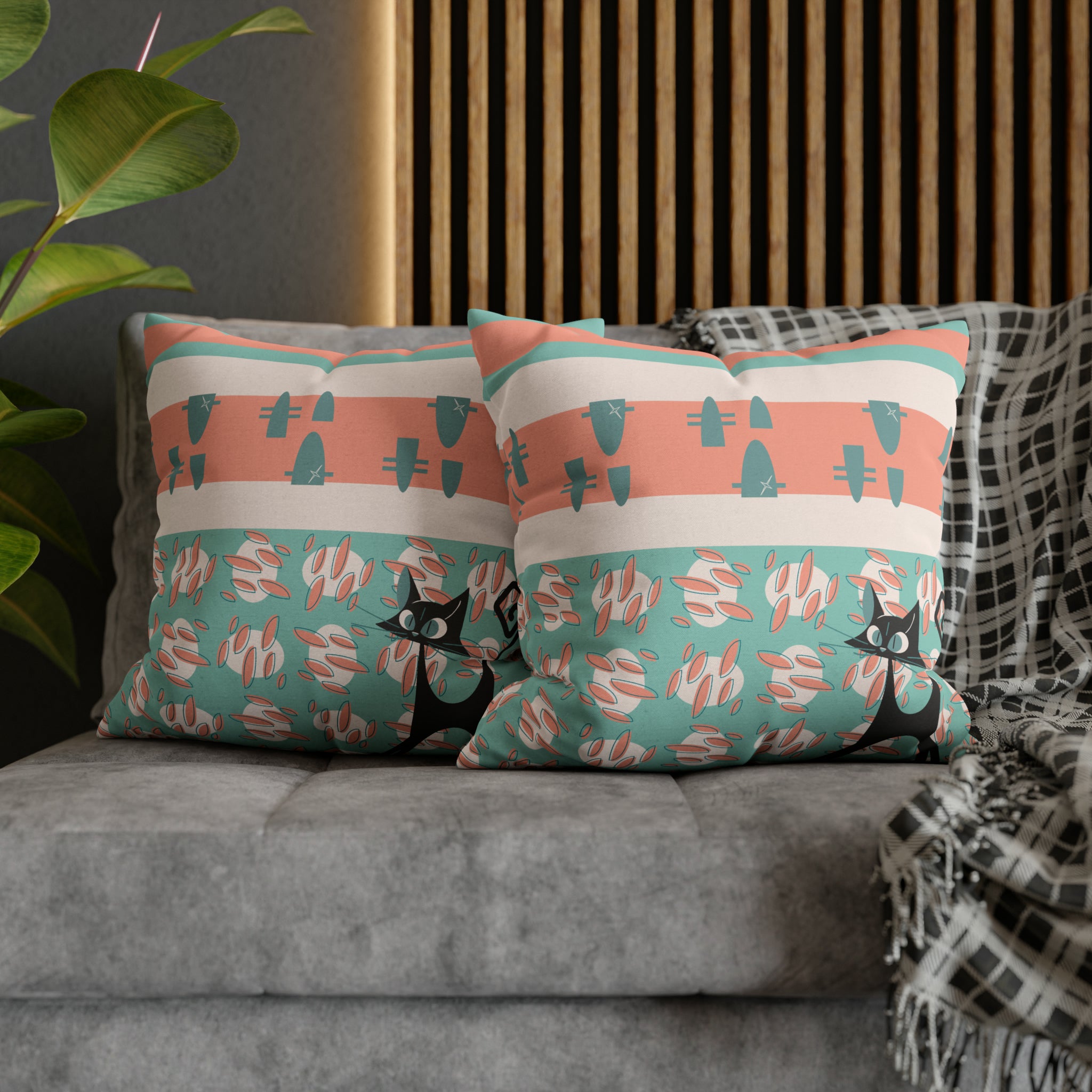 50s Nostalgic Atomic Cat Mid Century Modern Aqua, Coral Pink Peach, Kitschy Mid Century Modern Pillow Cover ONLY - Mid Century Modern Gal