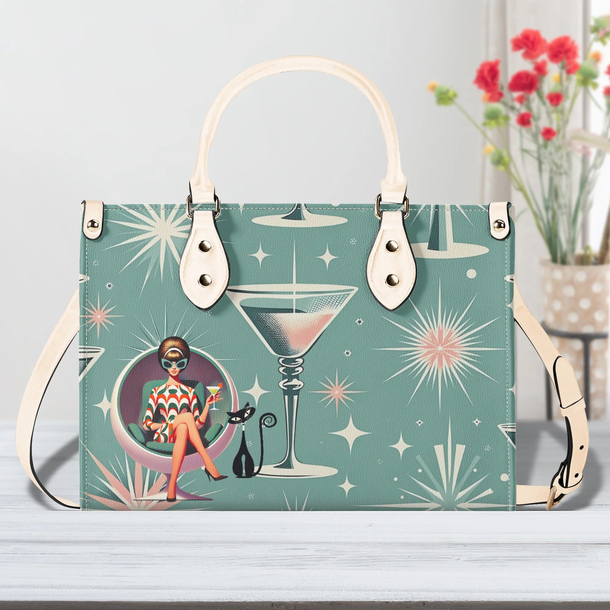 Mid Century Modern Gal, Mod 50s Atomic Kittie Martini Retro Kitschy Luxury Handbag Or Shoulder Bag - Mid Century Modern Gal