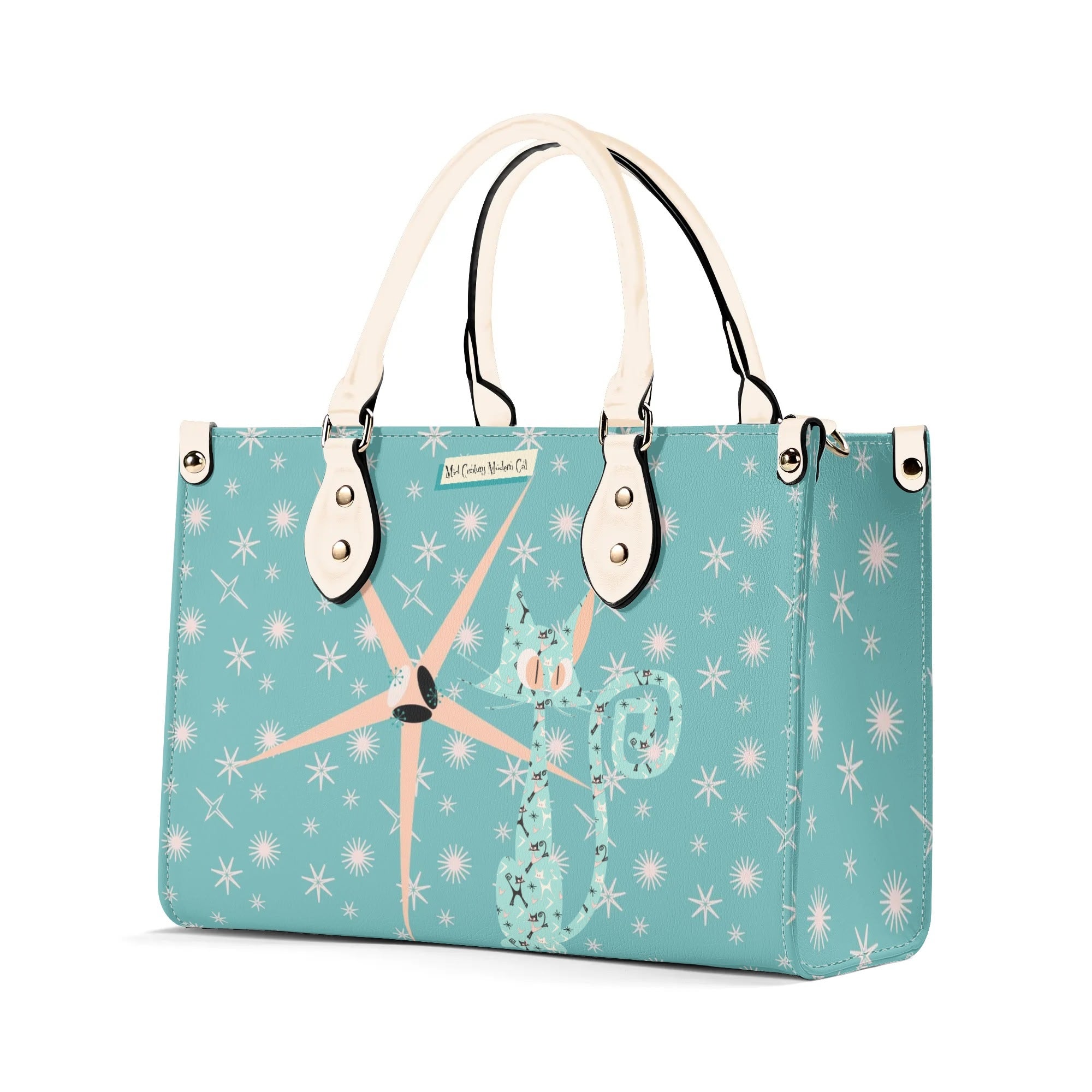 Mid Century Modern Atomic Kittie, Kitschy Quirky Funky Handbag, Shoulder Bag, Aqua, Coral, MCM Apparel - Mid Century Modern Gal