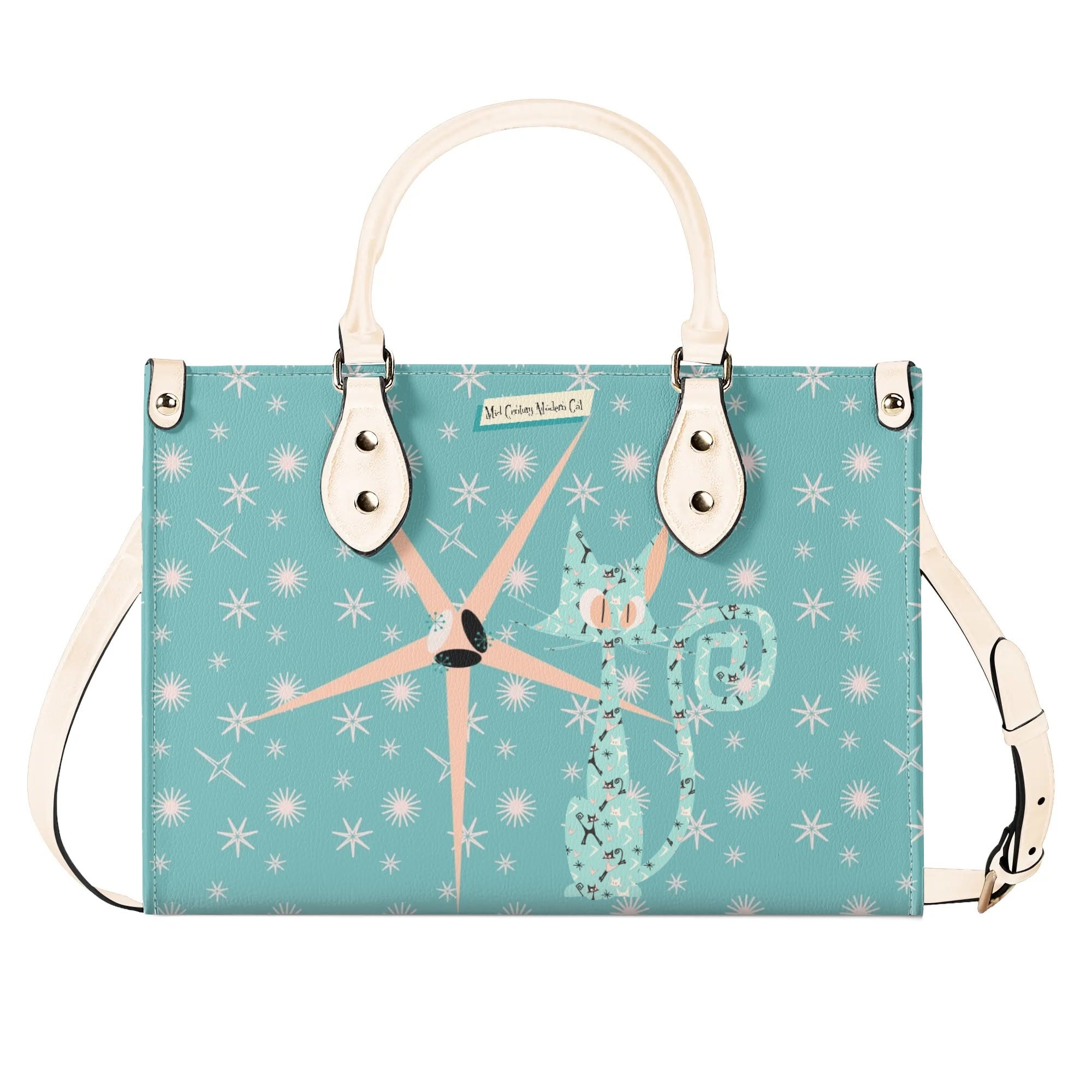 Mid Century Modern Atomic Kittie, Kitschy Quirky Funky Handbag, Shoulder Bag, Aqua, Coral, MCM Apparel - Mid Century Modern Gal