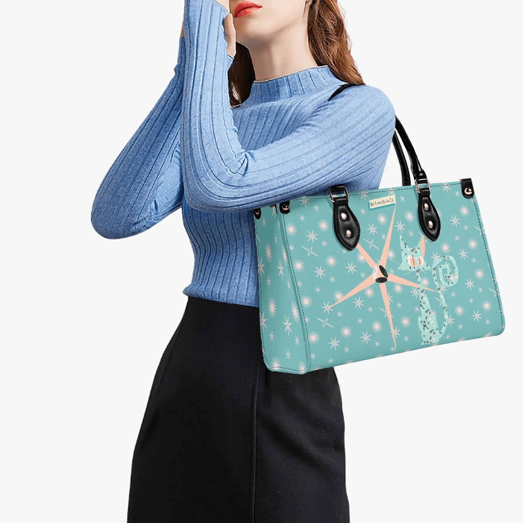 Mid Century Modern Atomic Kittie, Kitschy Quirky Funky Handbag, Shoulder Bag, Aqua, Coral, MCM Apparel - Mid Century Modern Gal