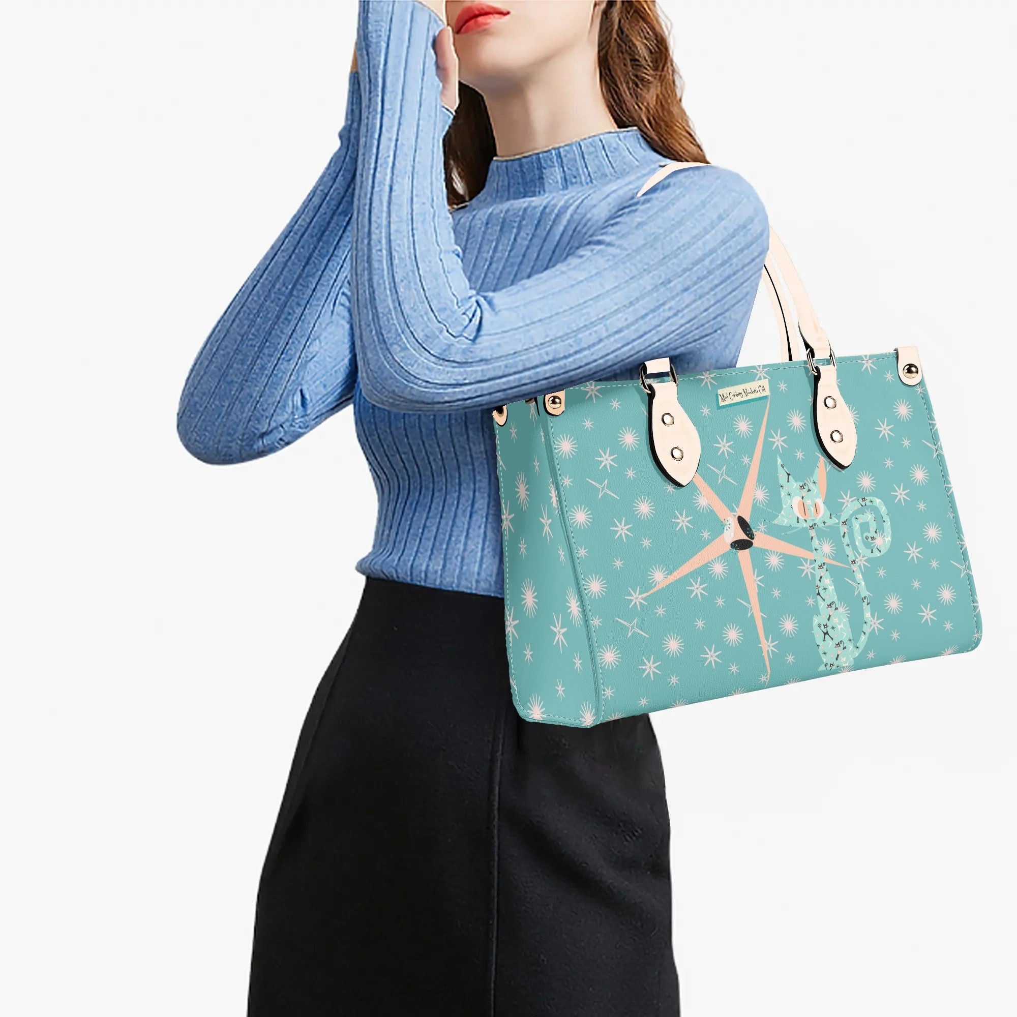 Mid Century Modern Atomic Kittie, Kitschy Quirky Funky Handbag, Shoulder Bag, Aqua, Coral, MCM Apparel - Mid Century Modern Gal