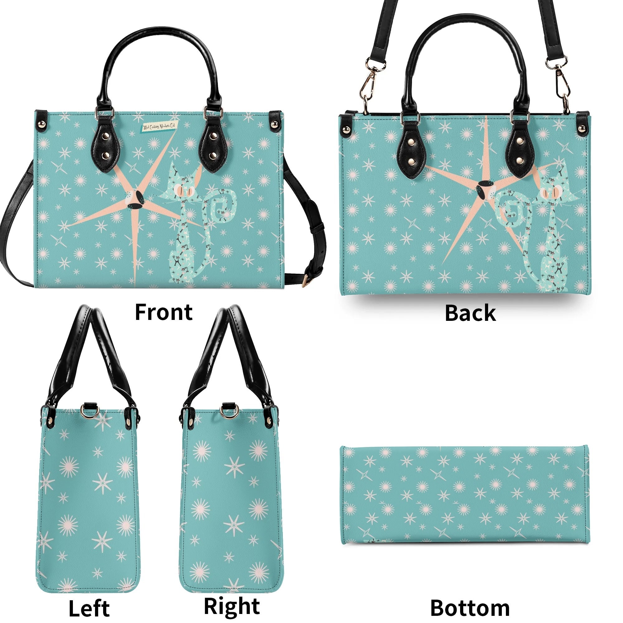 Mid Century Modern Atomic Kittie, Kitschy Quirky Funky Handbag, Shoulder Bag, Aqua, Coral, MCM Apparel - Mid Century Modern Gal