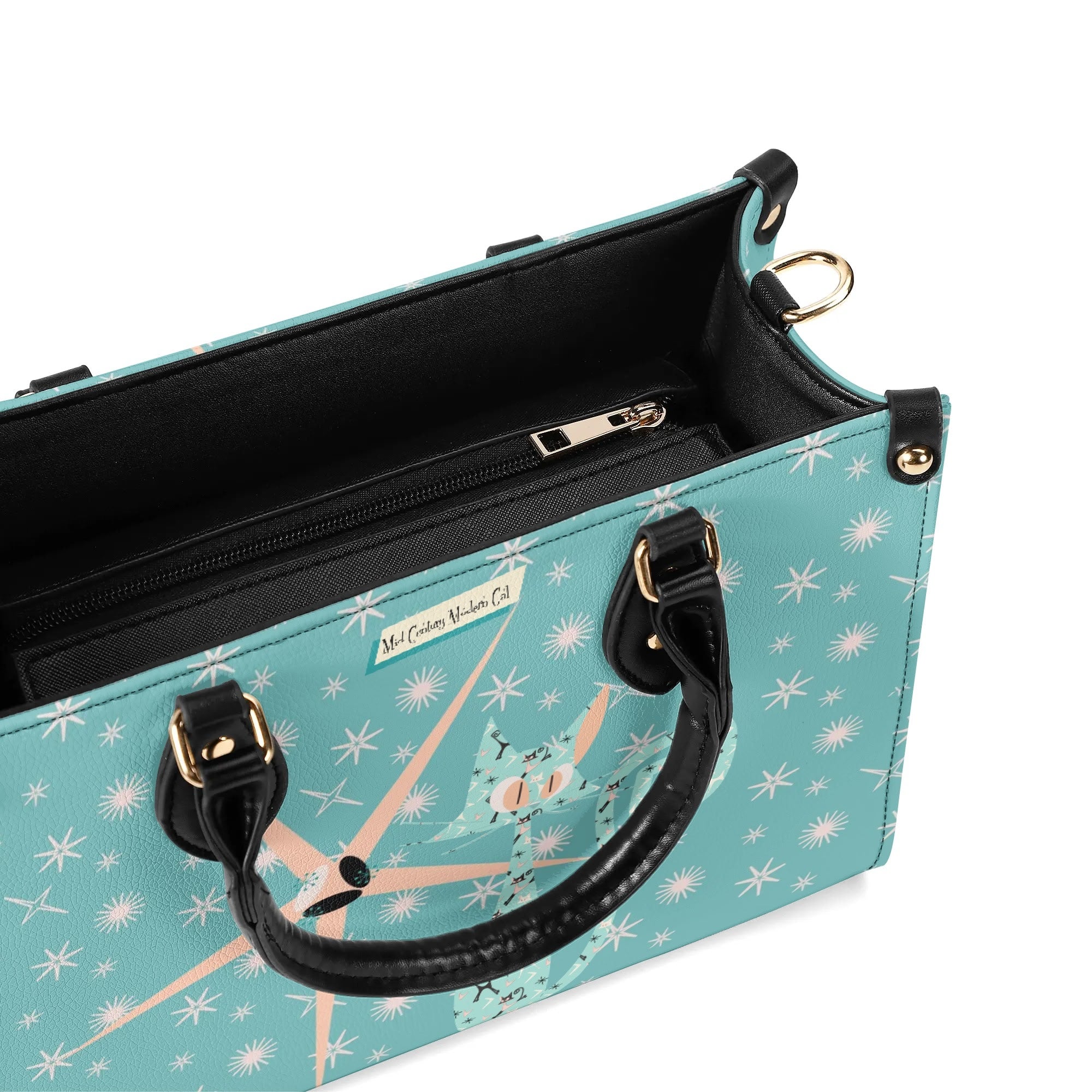 Mid Century Modern Atomic Kittie, Kitschy Quirky Funky Handbag, Shoulder Bag, Aqua, Coral, MCM Apparel - Mid Century Modern Gal