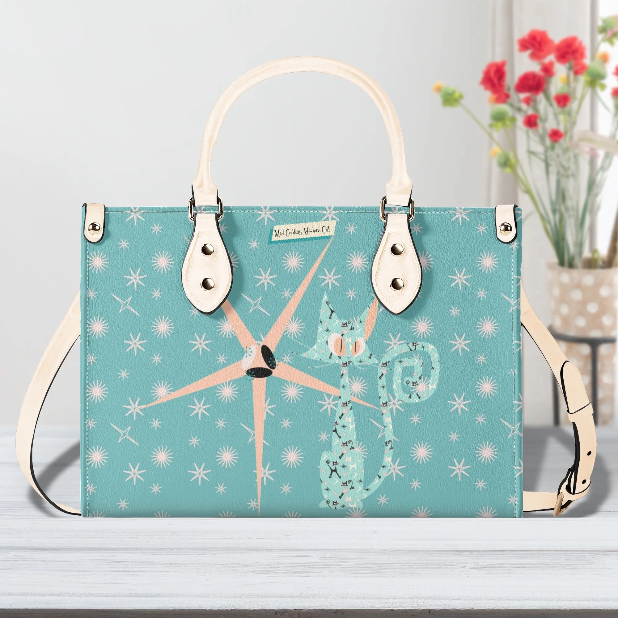 Mid Century Modern Atomic Kittie, Kitschy Quirky Funky Handbag, Shoulder Bag, Aqua, Coral, MCM Apparel - Mid Century Modern Gal