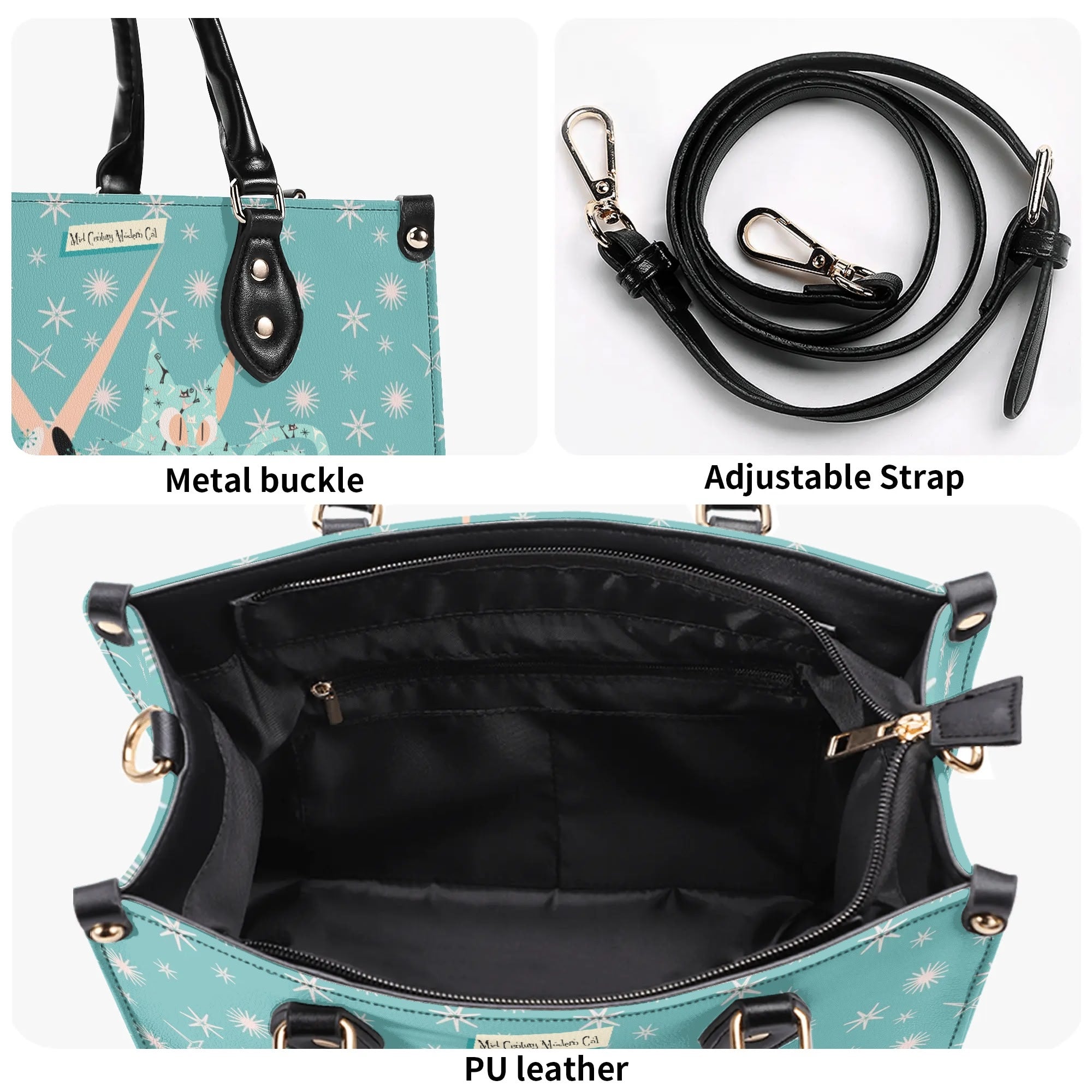 Mid Century Modern Atomic Kittie, Kitschy Quirky Funky Handbag, Shoulder Bag, Aqua, Coral, MCM Apparel - Mid Century Modern Gal