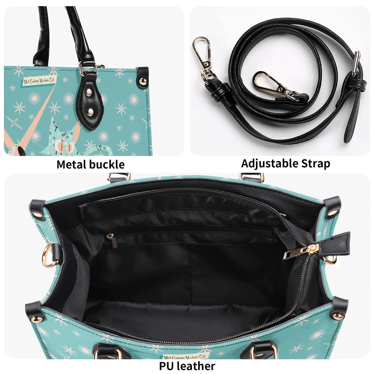 Mid Century Modern Atomic Kittie, Kitschy Quirky Funky Handbag, Shoulder Bag, Aqua, Coral, MCM Apparel - Mid Century Modern Gal