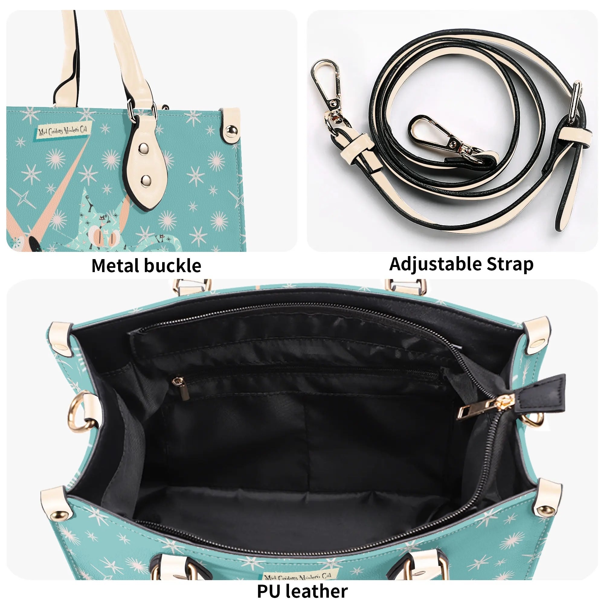 Mid Century Modern Atomic Kittie, Kitschy Quirky Funky Handbag, Shoulder Bag, Aqua, Coral, MCM Apparel - Mid Century Modern Gal