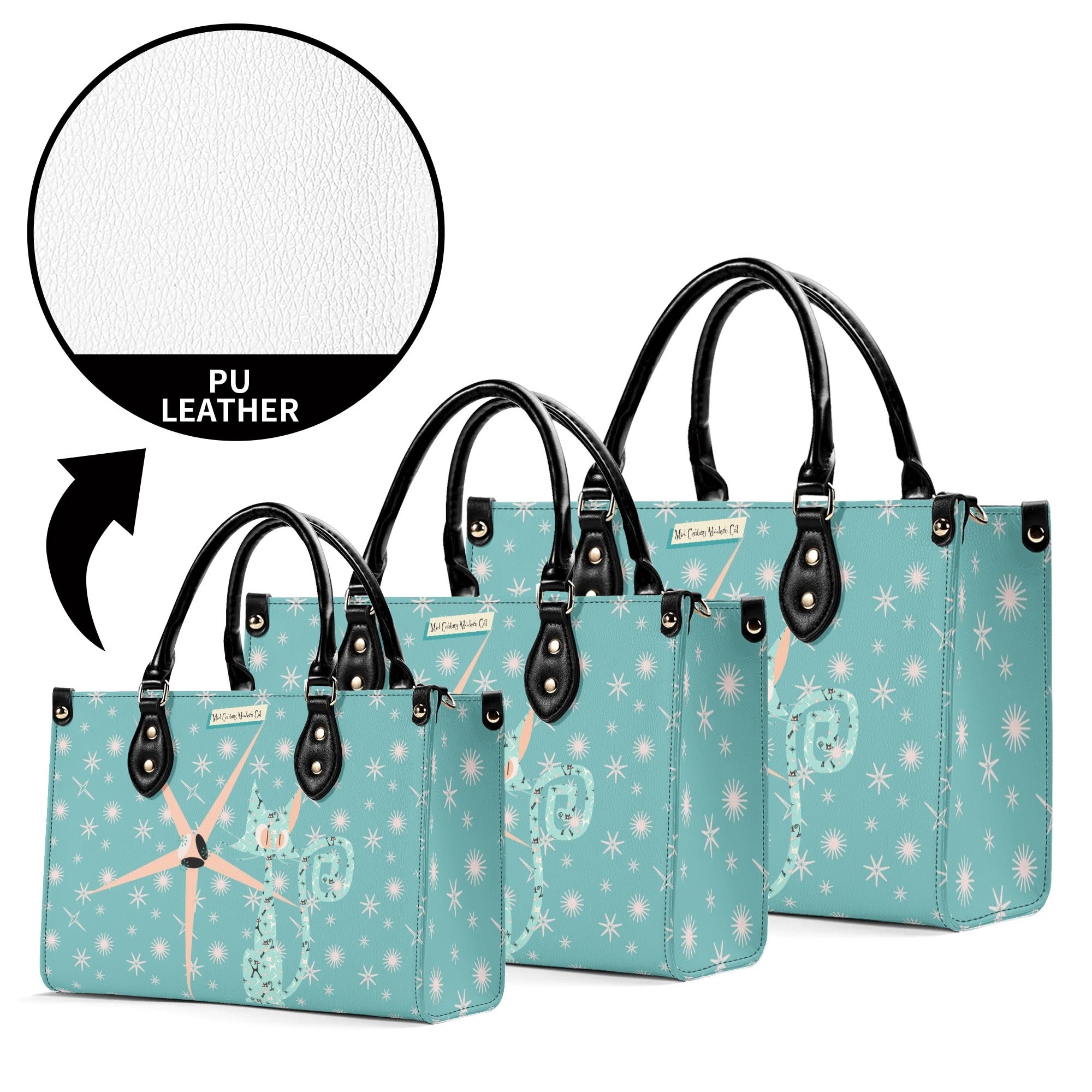 Mid Century Modern Atomic Kittie, Kitschy Quirky Funky Handbag, Shoulder Bag, Aqua, Coral, MCM Apparel - Mid Century Modern Gal