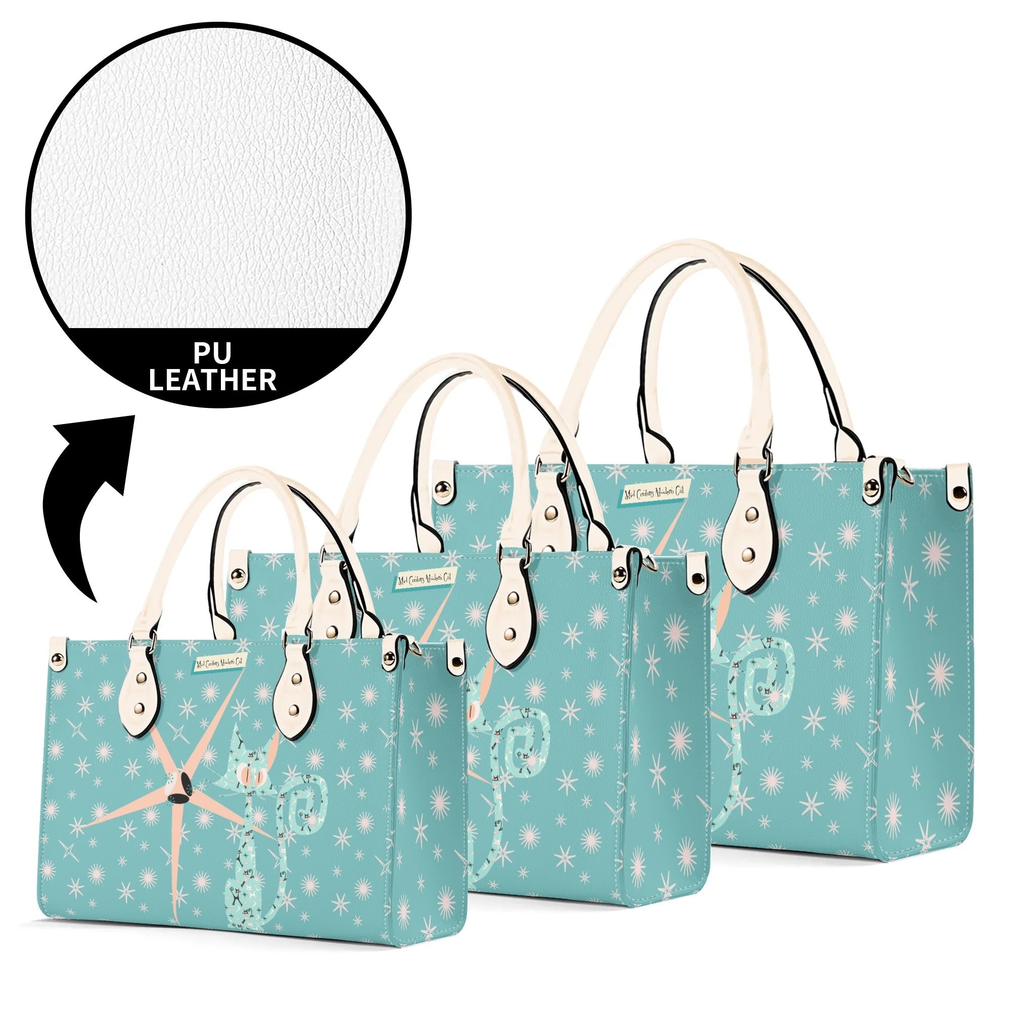 Mid Century Modern Atomic Kittie, Kitschy Quirky Funky Handbag, Shoulder Bag, Aqua, Coral, MCM Apparel - Mid Century Modern Gal