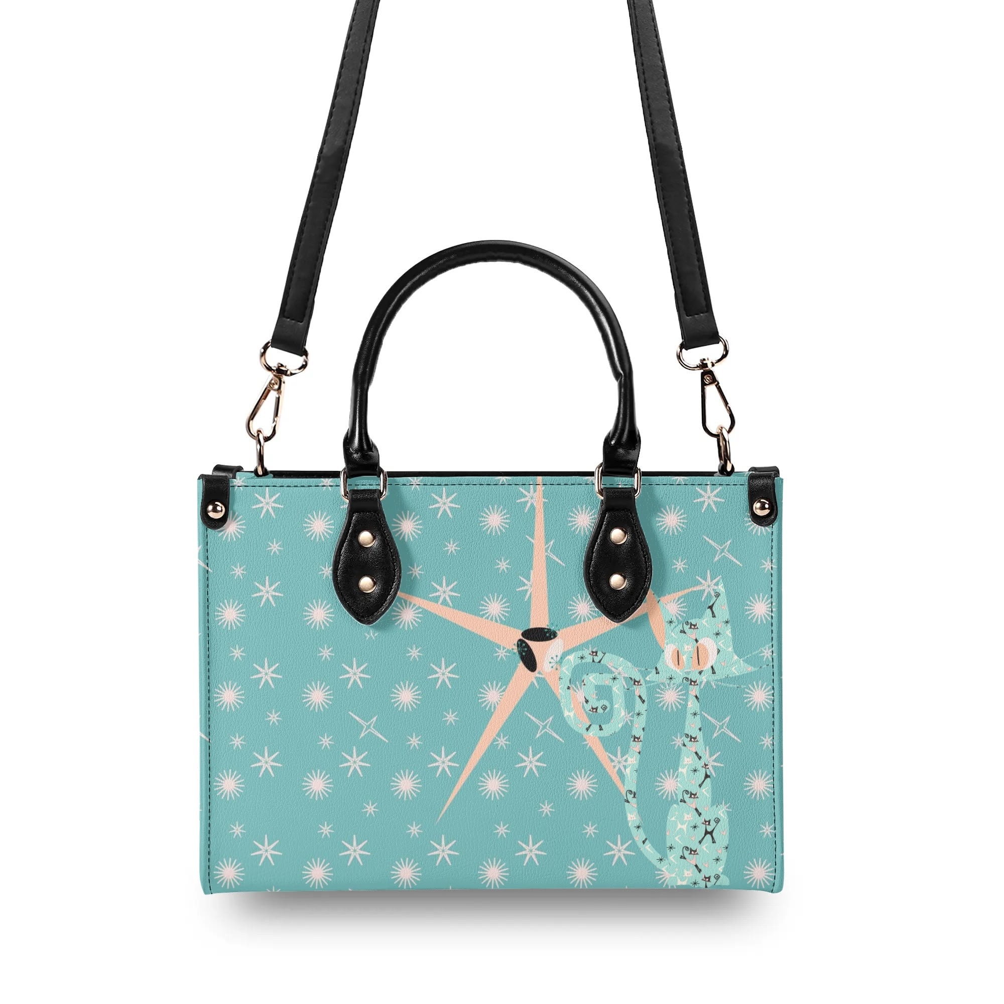 Mid Century Modern Atomic Kittie, Kitschy Quirky Funky Handbag, Shoulder Bag, Aqua, Coral, MCM Apparel - Mid Century Modern Gal