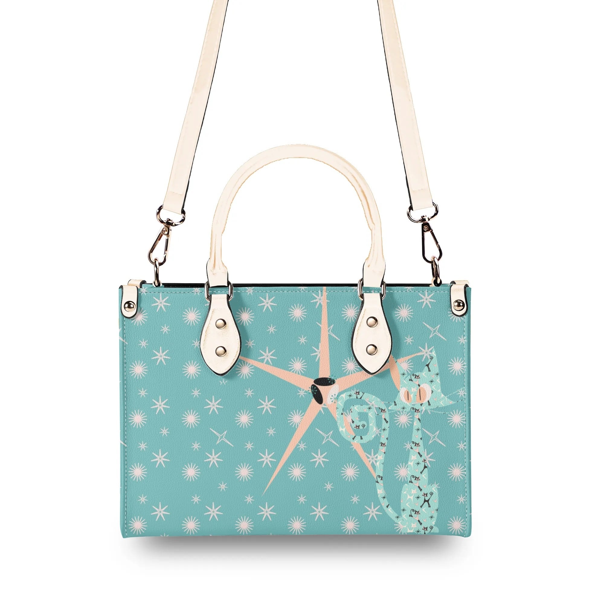Mid Century Modern Atomic Kittie, Kitschy Quirky Funky Handbag, Shoulder Bag, Aqua, Coral, MCM Apparel - Mid Century Modern Gal