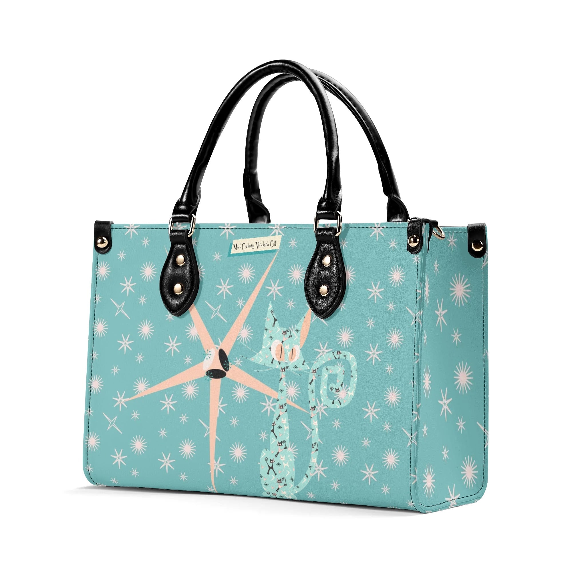 Mid Century Modern Atomic Kittie, Kitschy Quirky Funky Handbag, Shoulder Bag, Aqua, Coral, MCM Apparel - Mid Century Modern Gal