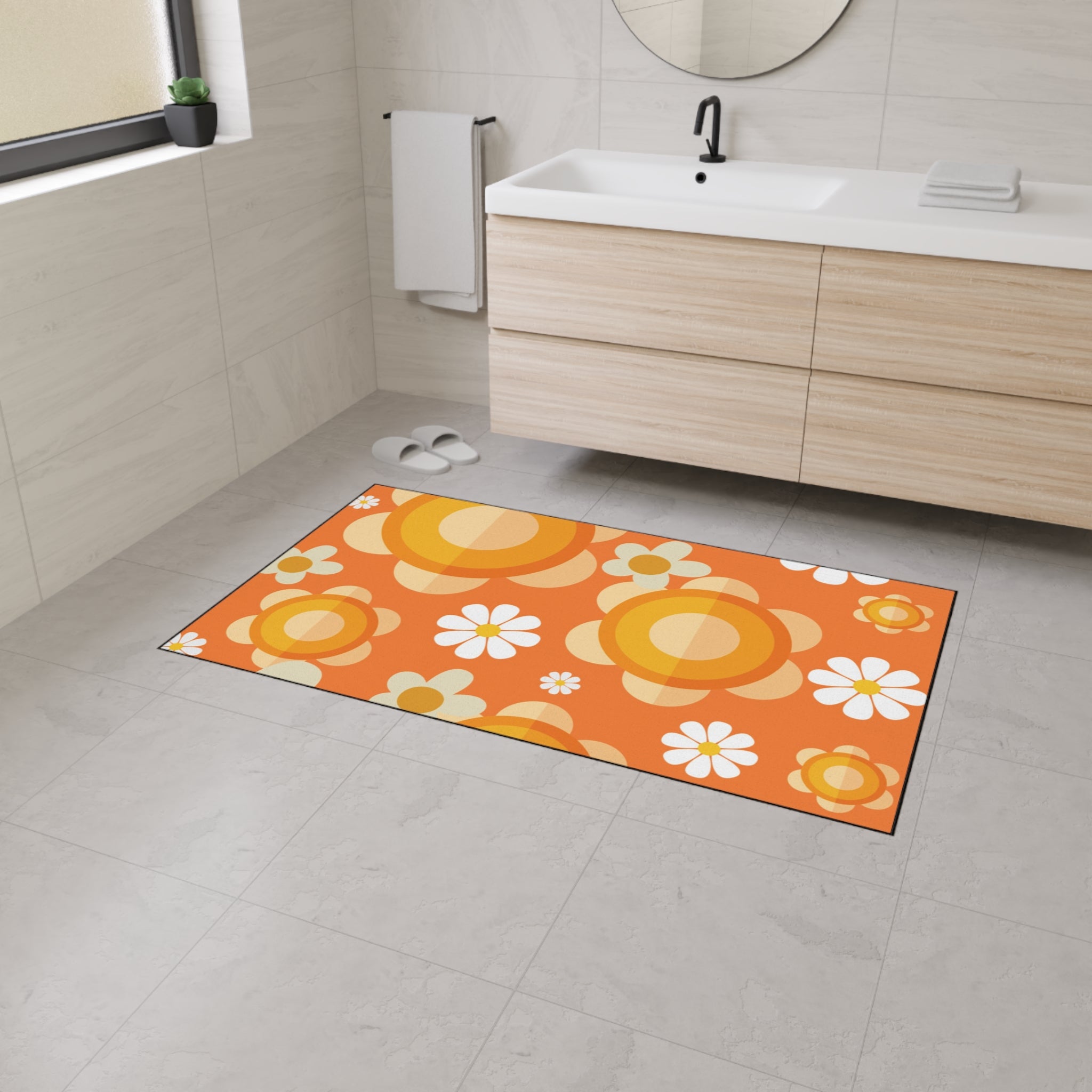 Retro Floral Orange, White Mod Daisy Heavy Duty Floor Mat - Ideal for Home Décor and Entryways - Mid Century Modern Gal