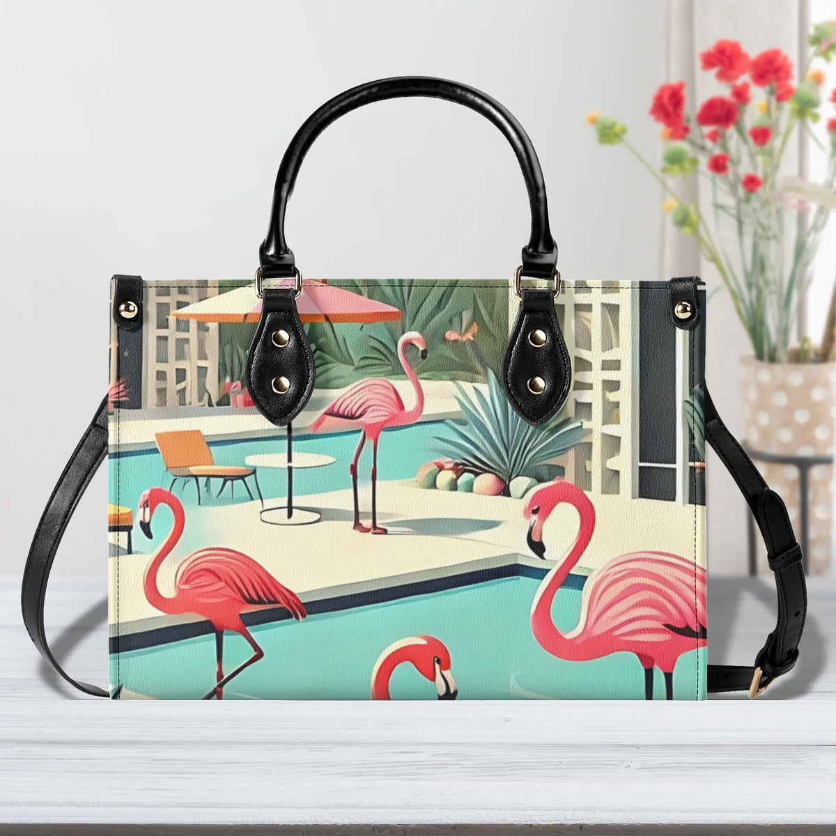 Palm Springs California Purse, Handbag, Shoulder Bag Mod Kitschy 50s Flamingo Bag - Mid Century Modern Gal