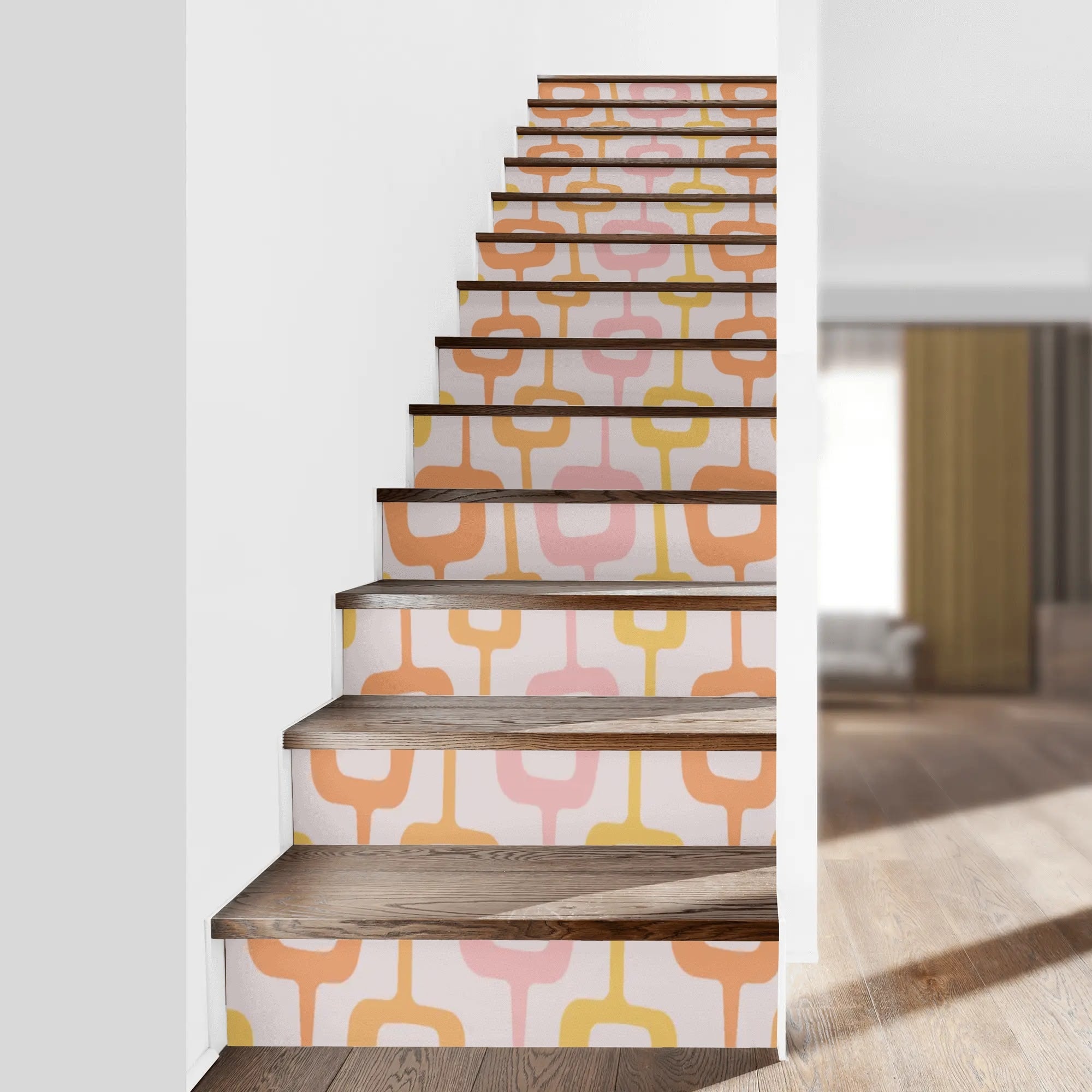 Mid Mod Geometric Pink, Orange, Yellow Retro Stair Peel And Stick Risers - Mid Century Modern Gal