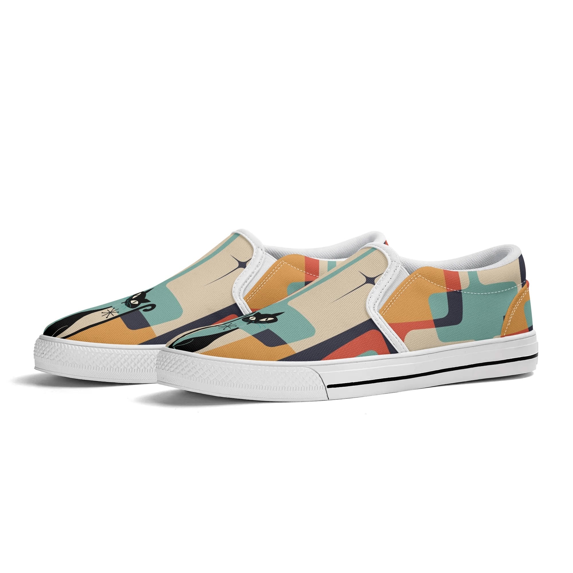 Mid Mod Atomic Kittie Kitschy Cat, Funky Fun Womens Slip On Loafer Shoes - Mid Century Modern Gal