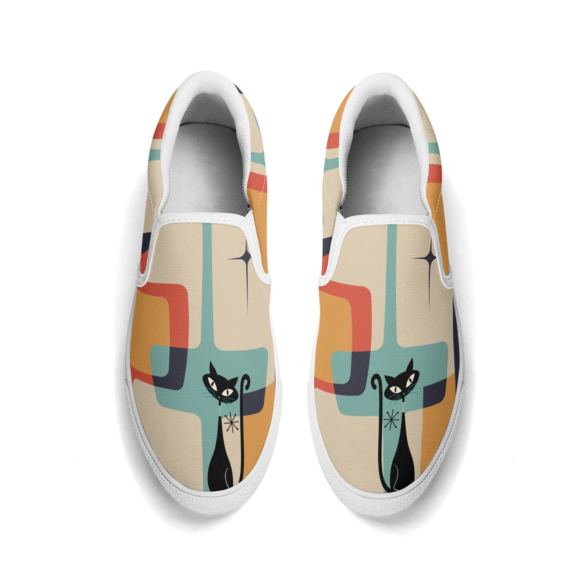Mid Mod Atomic Kittie Kitschy Cat, Funky Fun Womens Slip On Loafer Shoes - Mid Century Modern Gal