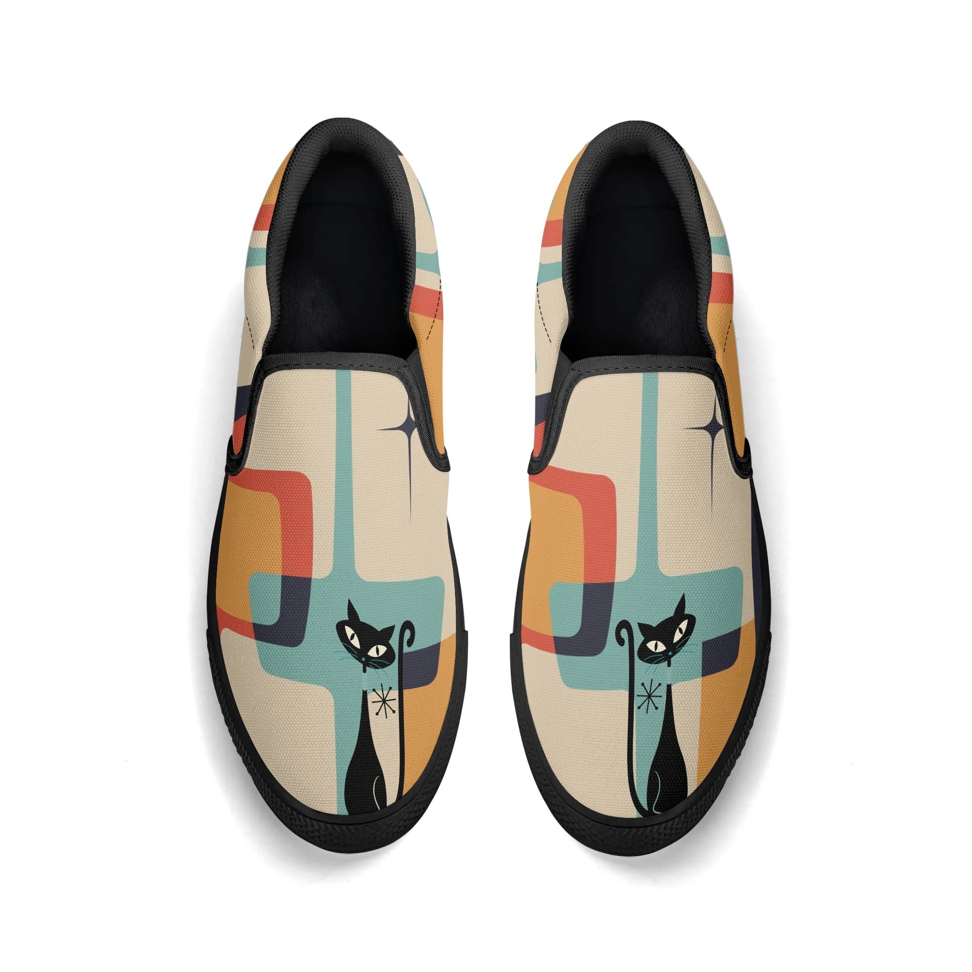 Mid Mod Atomic Kittie Kitschy Cat, Funky Fun Womens Slip On Loafer Shoes - Mid Century Modern Gal