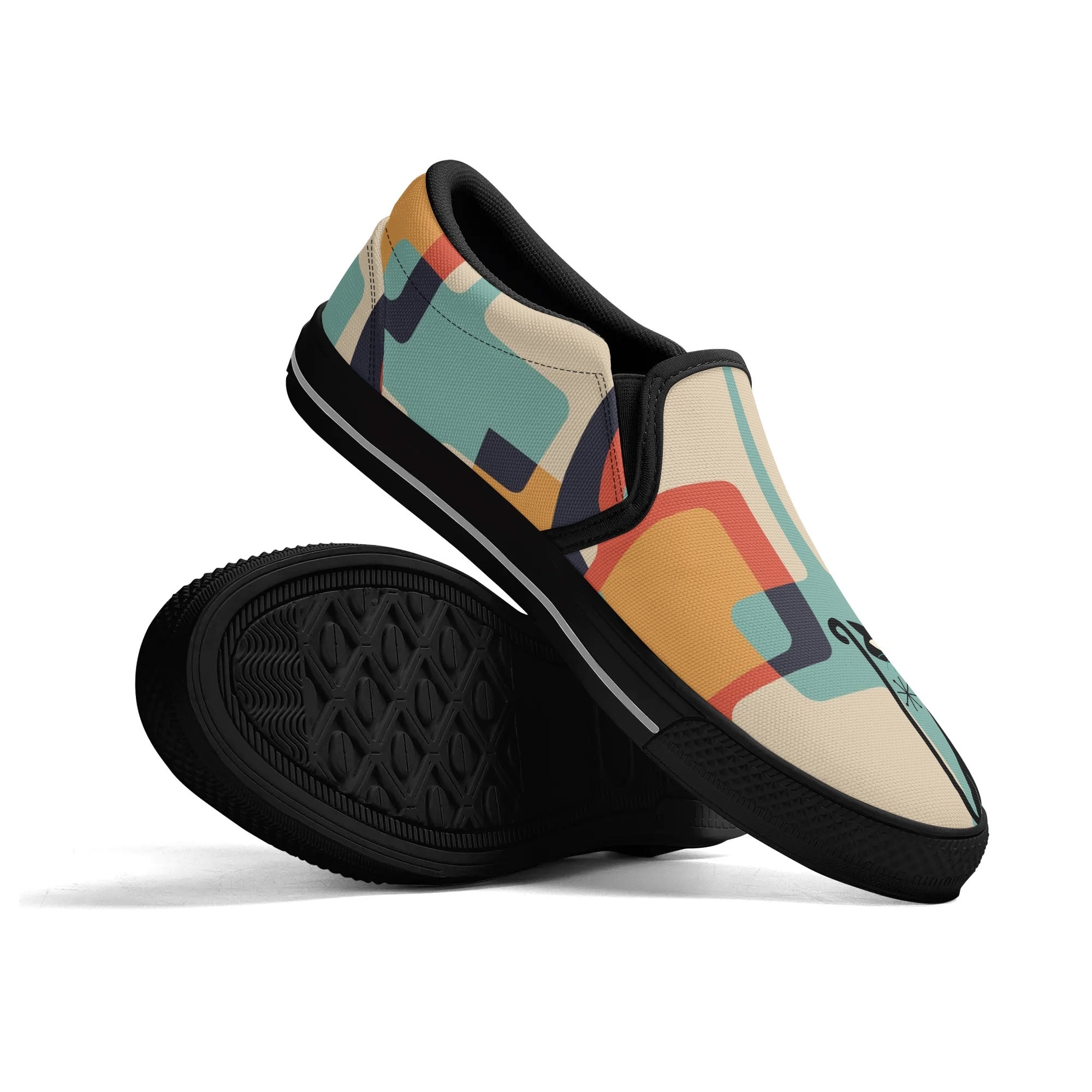 Mid Mod Atomic Kittie Kitschy Cat, Funky Fun Womens Slip On Loafer Shoes - Mid Century Modern Gal