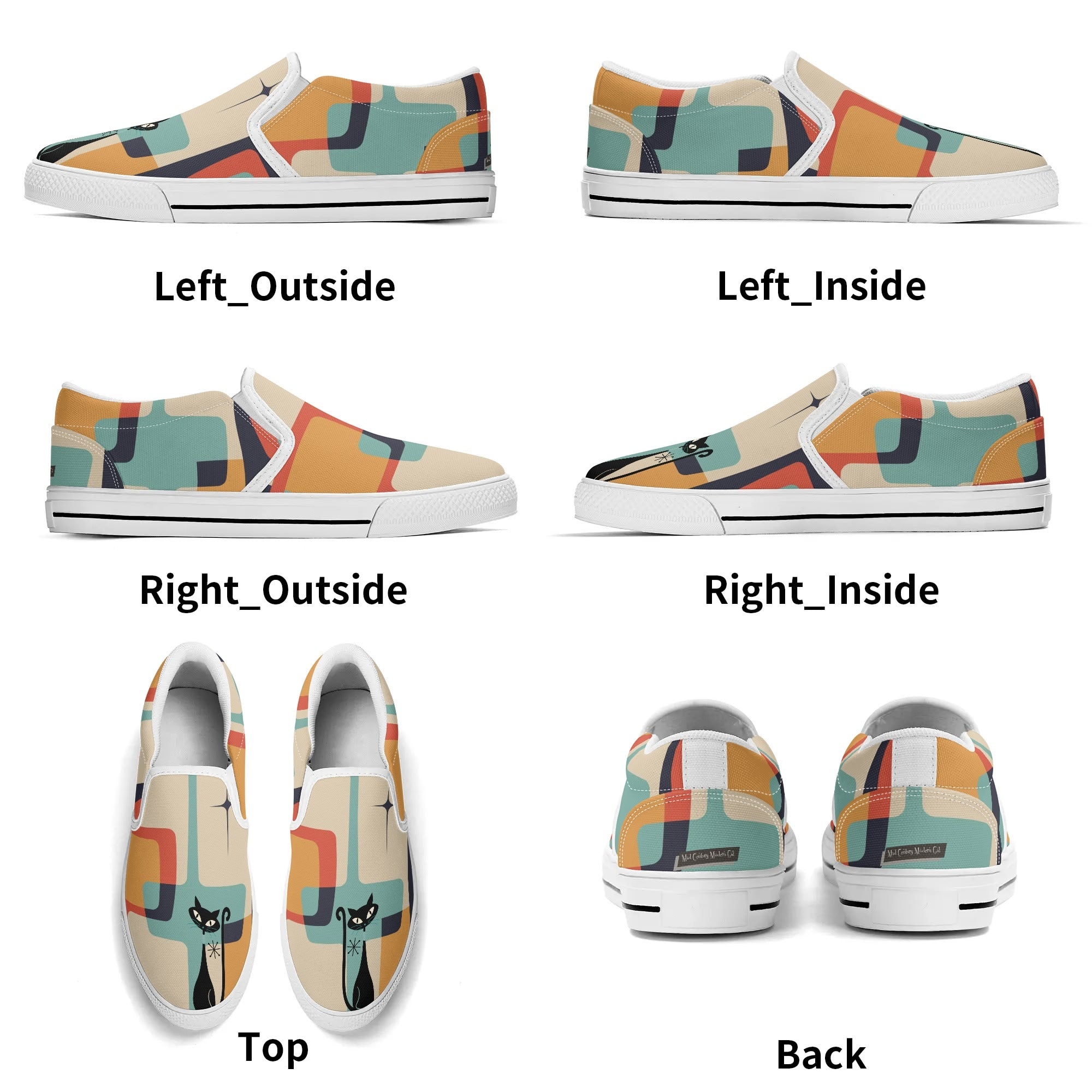 Mid Mod Atomic Kittie Kitschy Cat, Funky Fun Womens Slip On Loafer Shoes - Mid Century Modern Gal