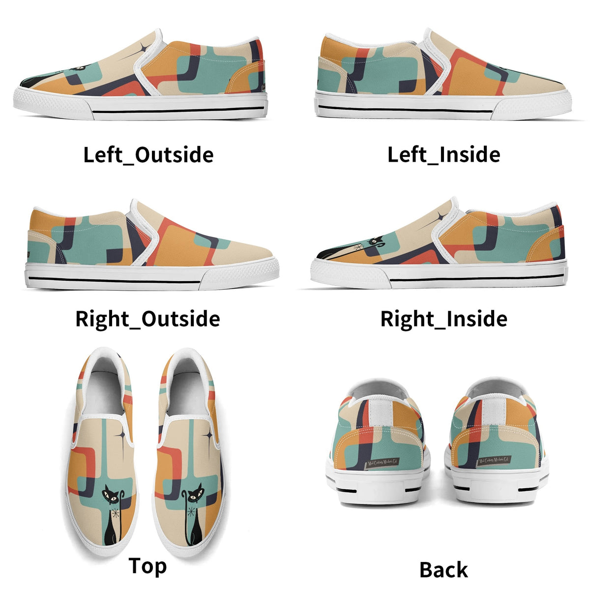 Mid Mod Atomic Kittie Kitschy Cat, Funky Fun Womens Slip On Loafer Shoes - Mid Century Modern Gal