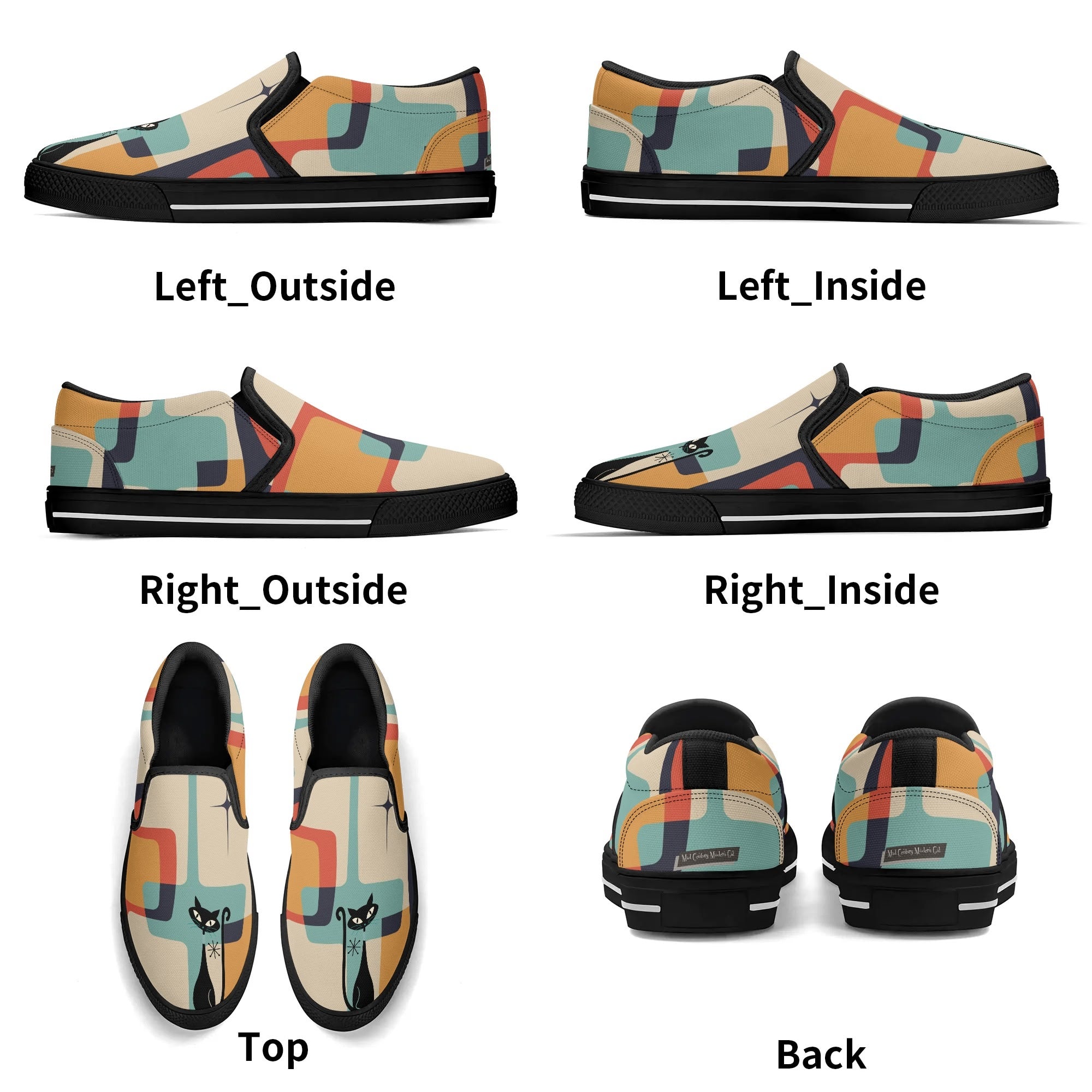 Mid Mod Atomic Kittie Kitschy Cat, Funky Fun Womens Slip On Loafer Shoes - Mid Century Modern Gal