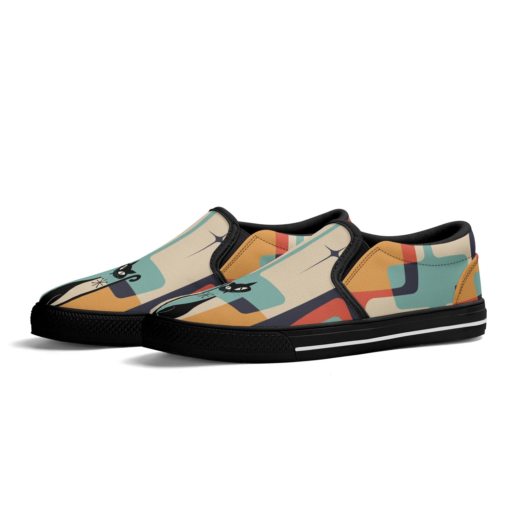 Mid Mod Atomic Kittie Kitschy Cat, Funky Fun Womens Slip On Loafer Shoes - Mid Century Modern Gal