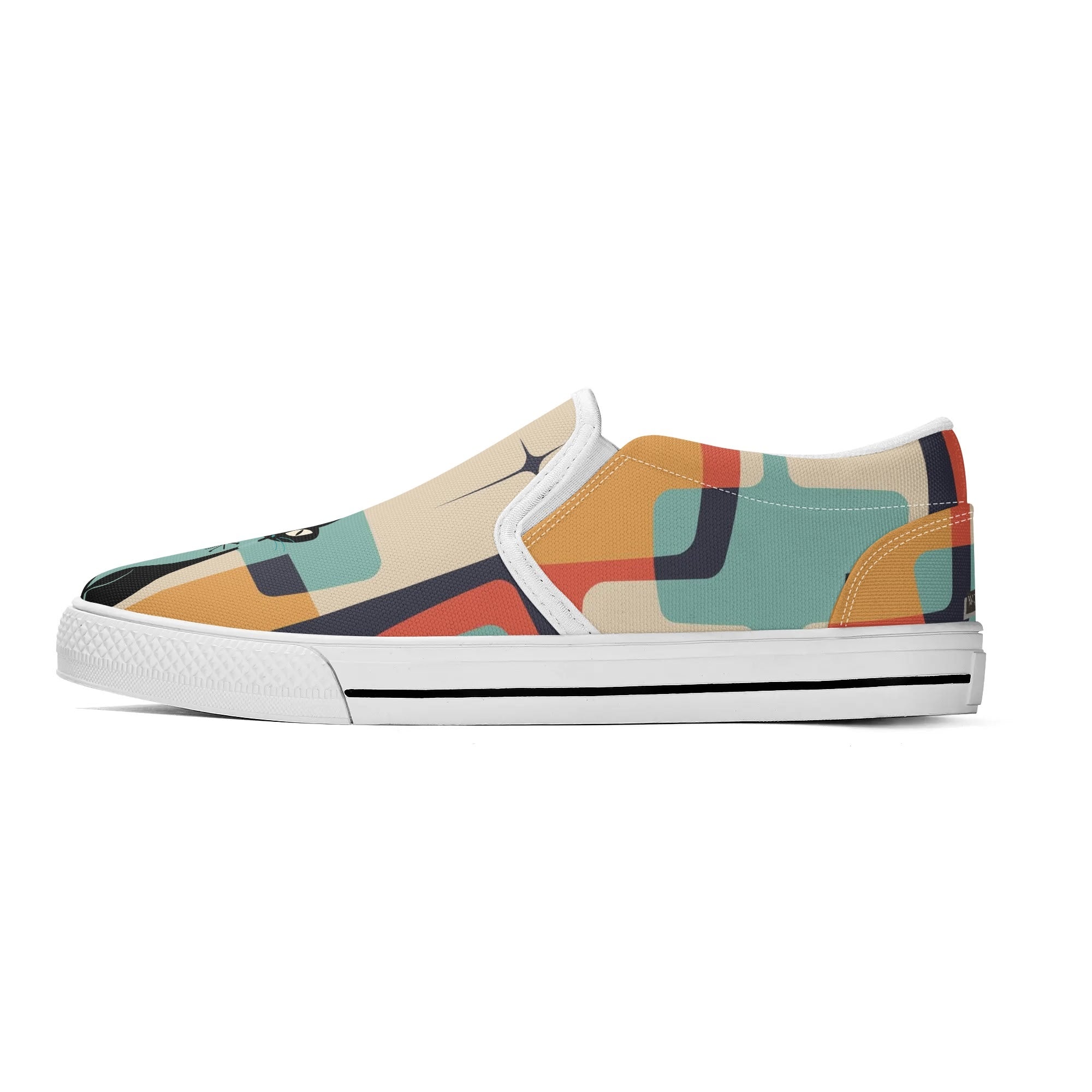 Mid Mod Atomic Kittie Kitschy Cat, Funky Fun Womens Slip On Loafer Shoes - Mid Century Modern Gal