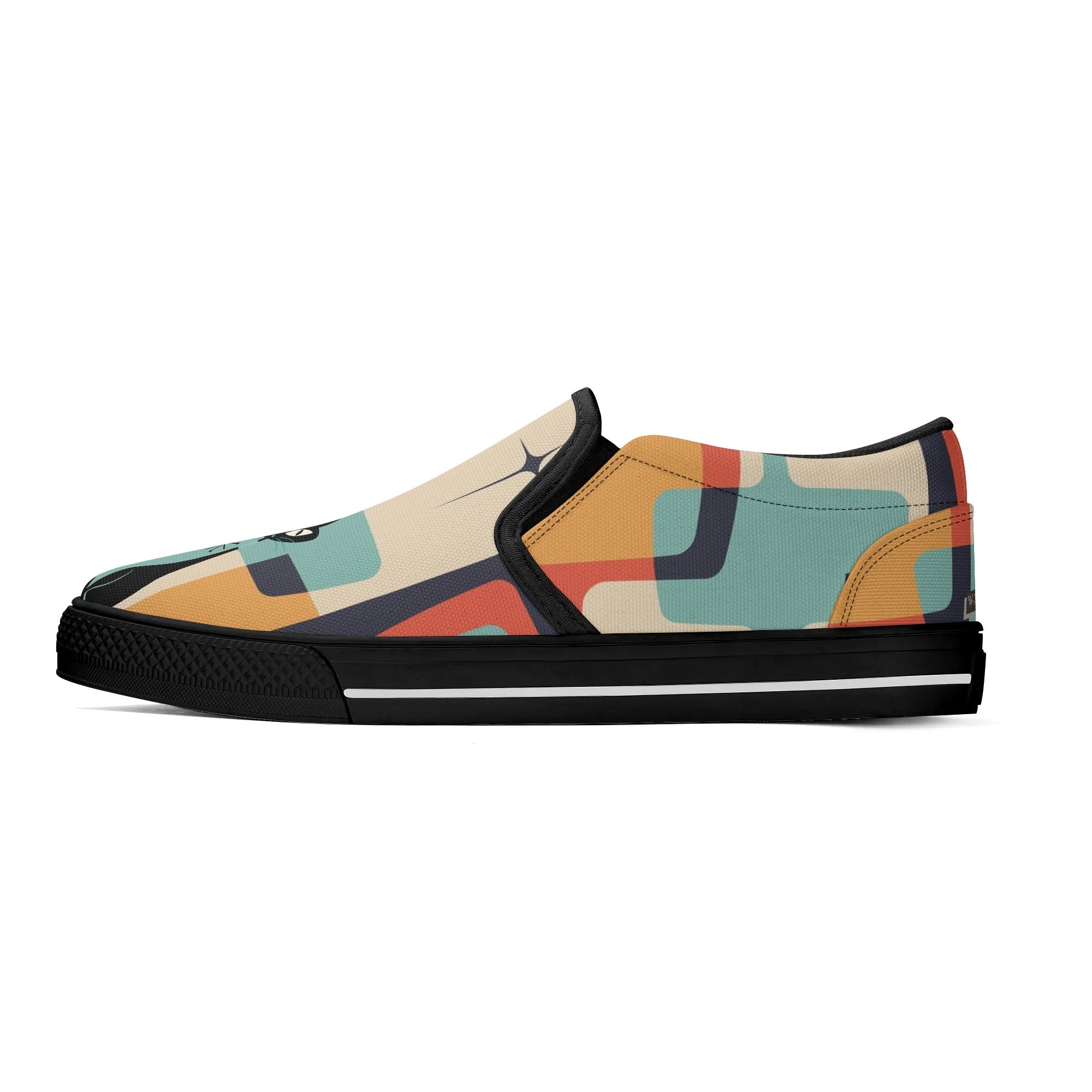 Mid Mod Atomic Kittie Kitschy Cat, Funky Fun Womens Slip On Loafer Shoes - Mid Century Modern Gal