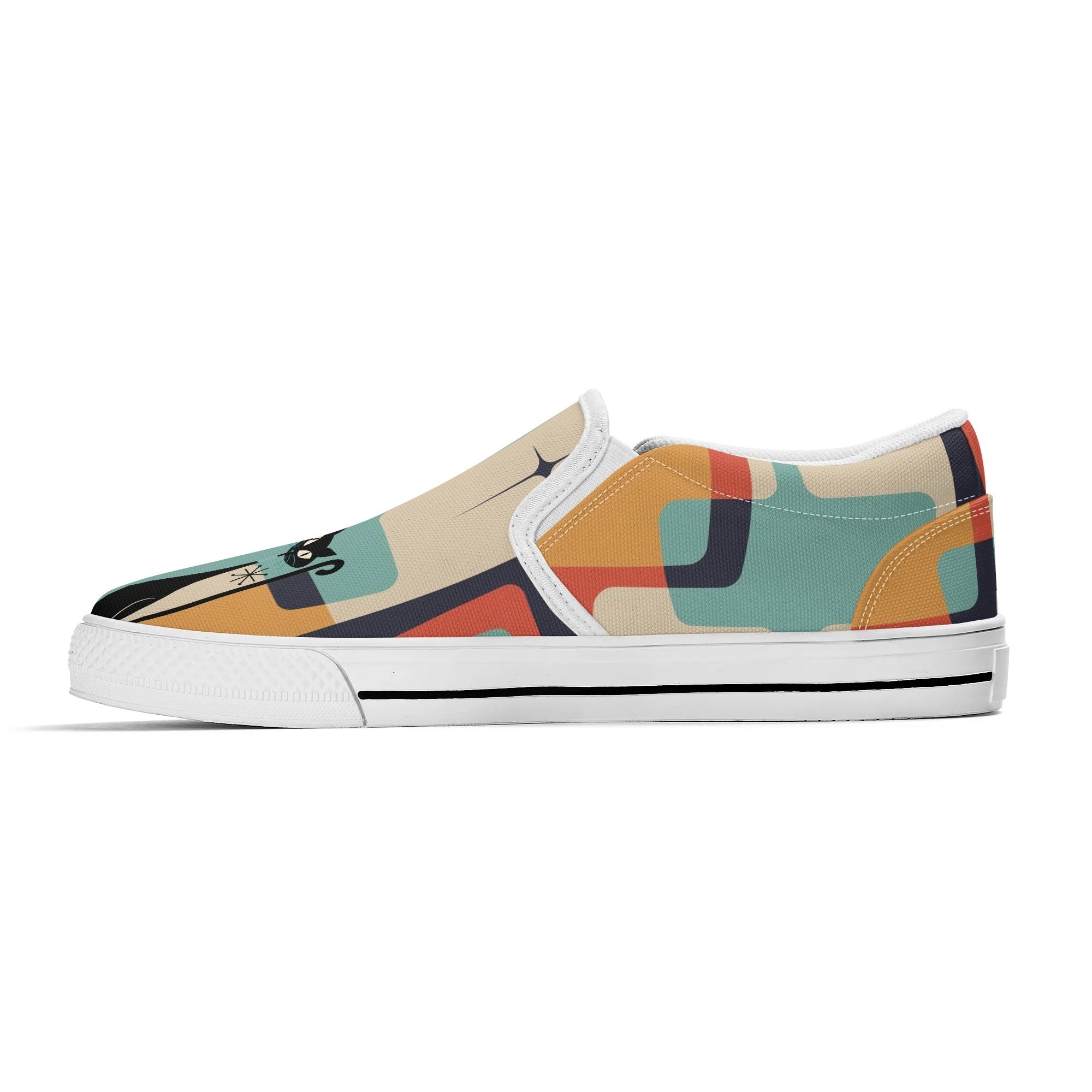 Mid Mod Atomic Kittie Kitschy Cat, Funky Fun Womens Slip On Loafer Shoes - Mid Century Modern Gal