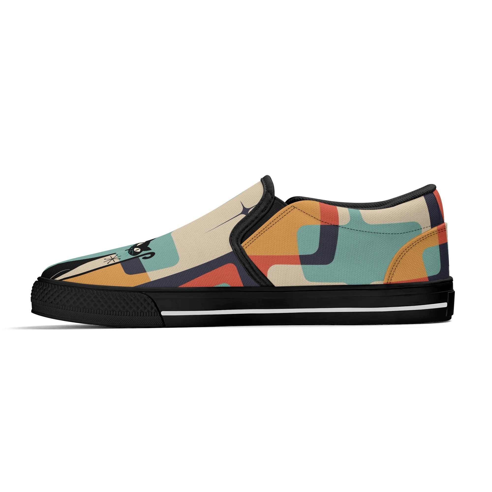 Mid Mod Atomic Kittie Kitschy Cat, Funky Fun Womens Slip On Loafer Shoes - Mid Century Modern Gal