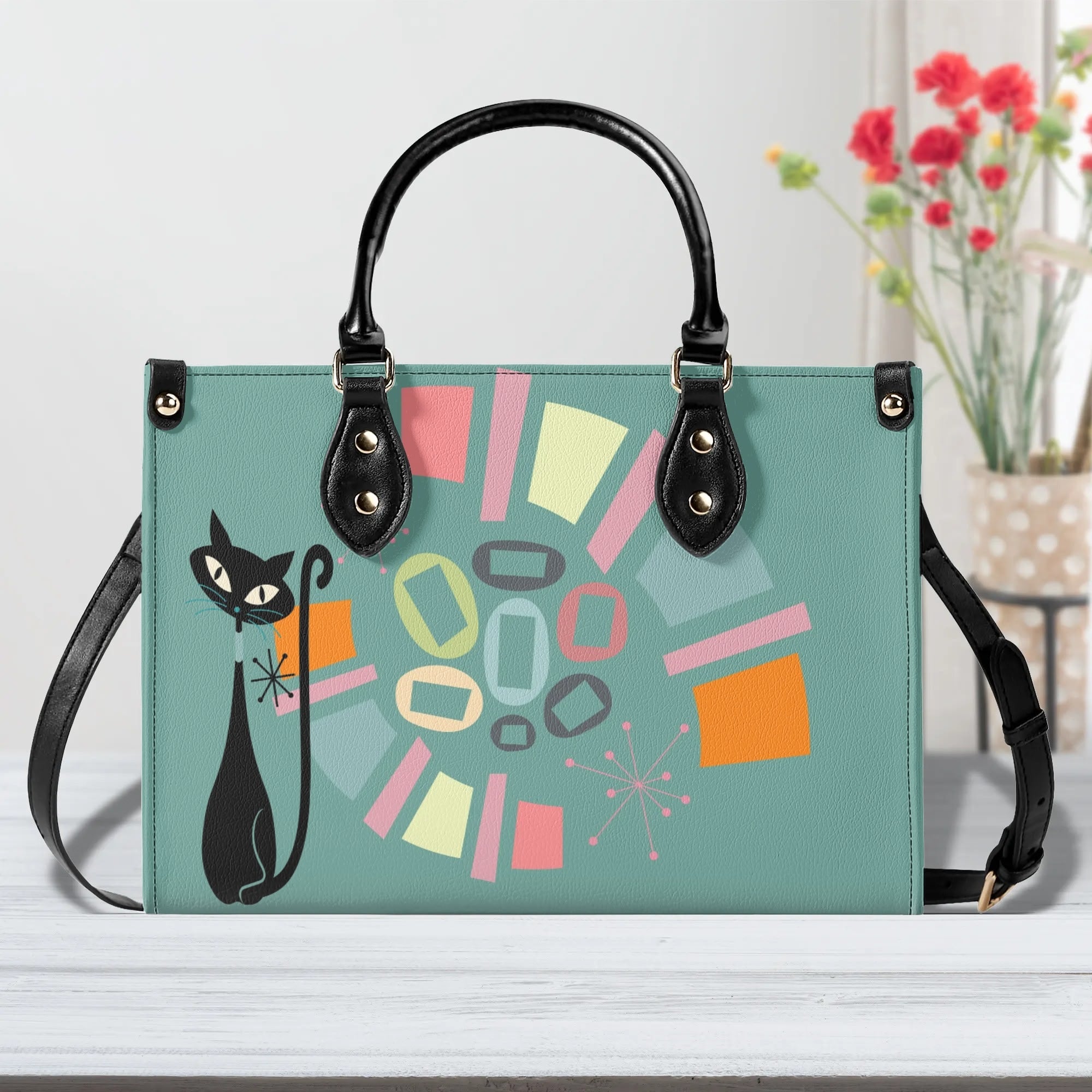 Atomic Cat, Mid Century Modern Gals Kitschy Fun Fan Girl Handbag, Shouldern Bag Purse - Mid Century Modern Gal