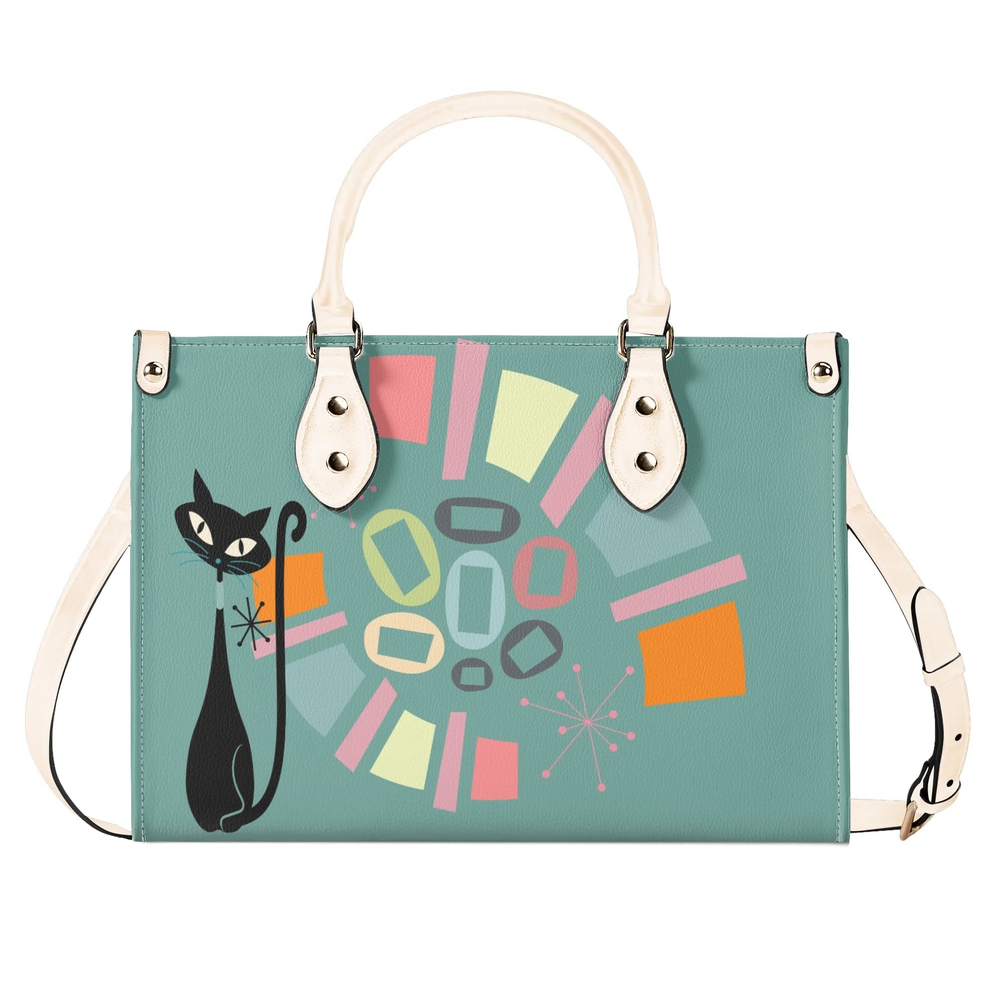 Atomic Cat, Mid Century Modern Gals Kitschy Fun Fan Girl Handbag, Shouldern Bag Purse - Mid Century Modern Gal