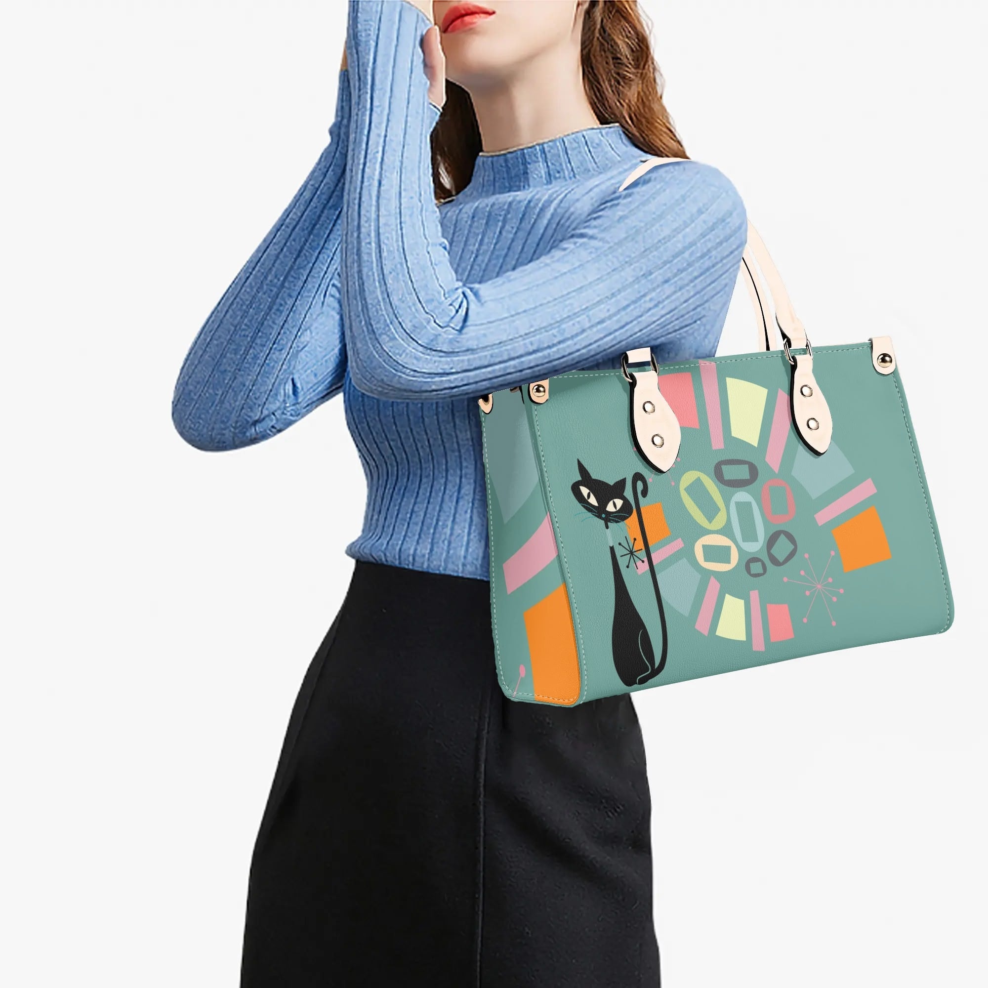 Atomic Cat, Mid Century Modern Gals Kitschy Fun Fan Girl Handbag, Shouldern Bag Purse - Mid Century Modern Gal