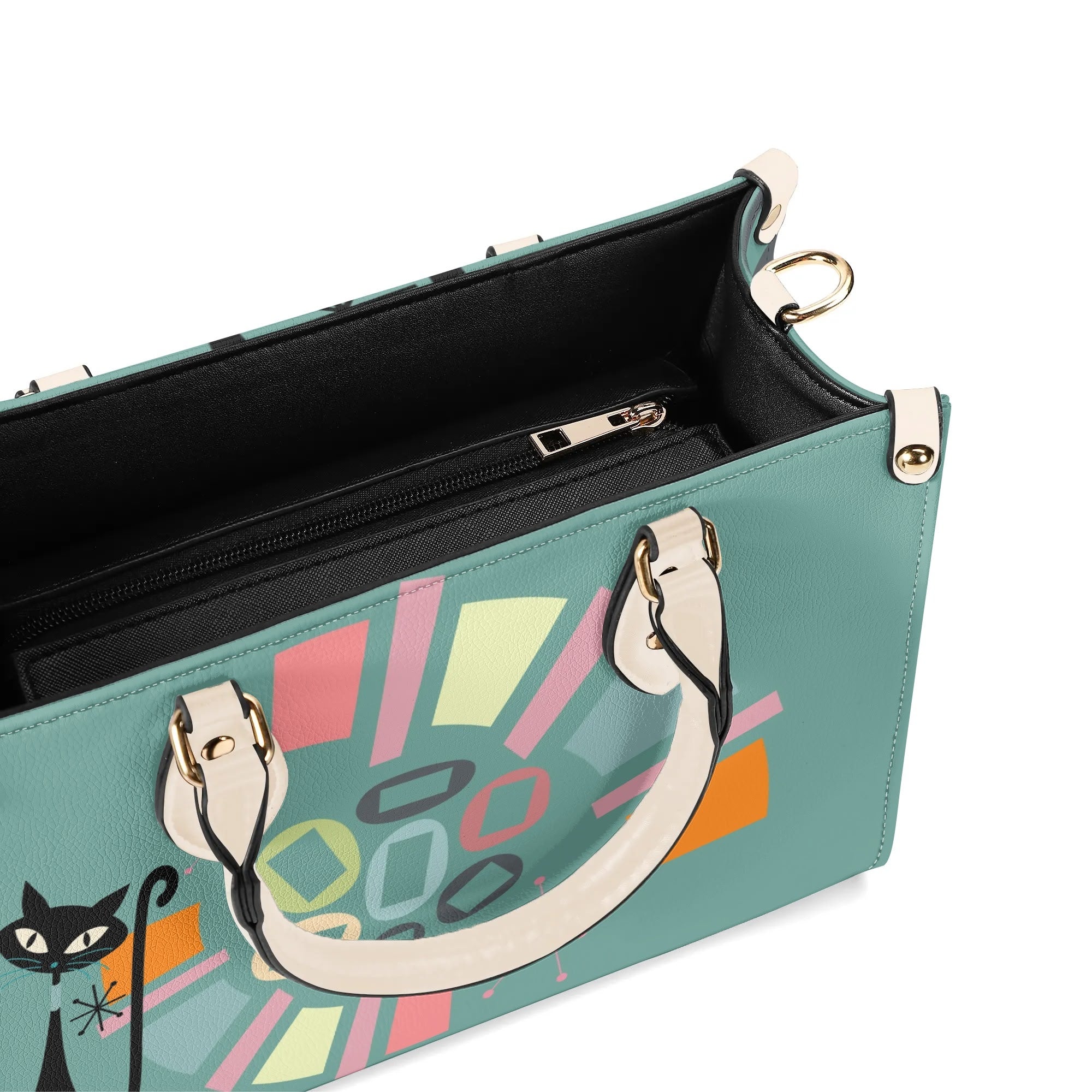 Atomic Cat, Mid Century Modern Gals Kitschy Fun Fan Girl Handbag, Shouldern Bag Purse - Mid Century Modern Gal
