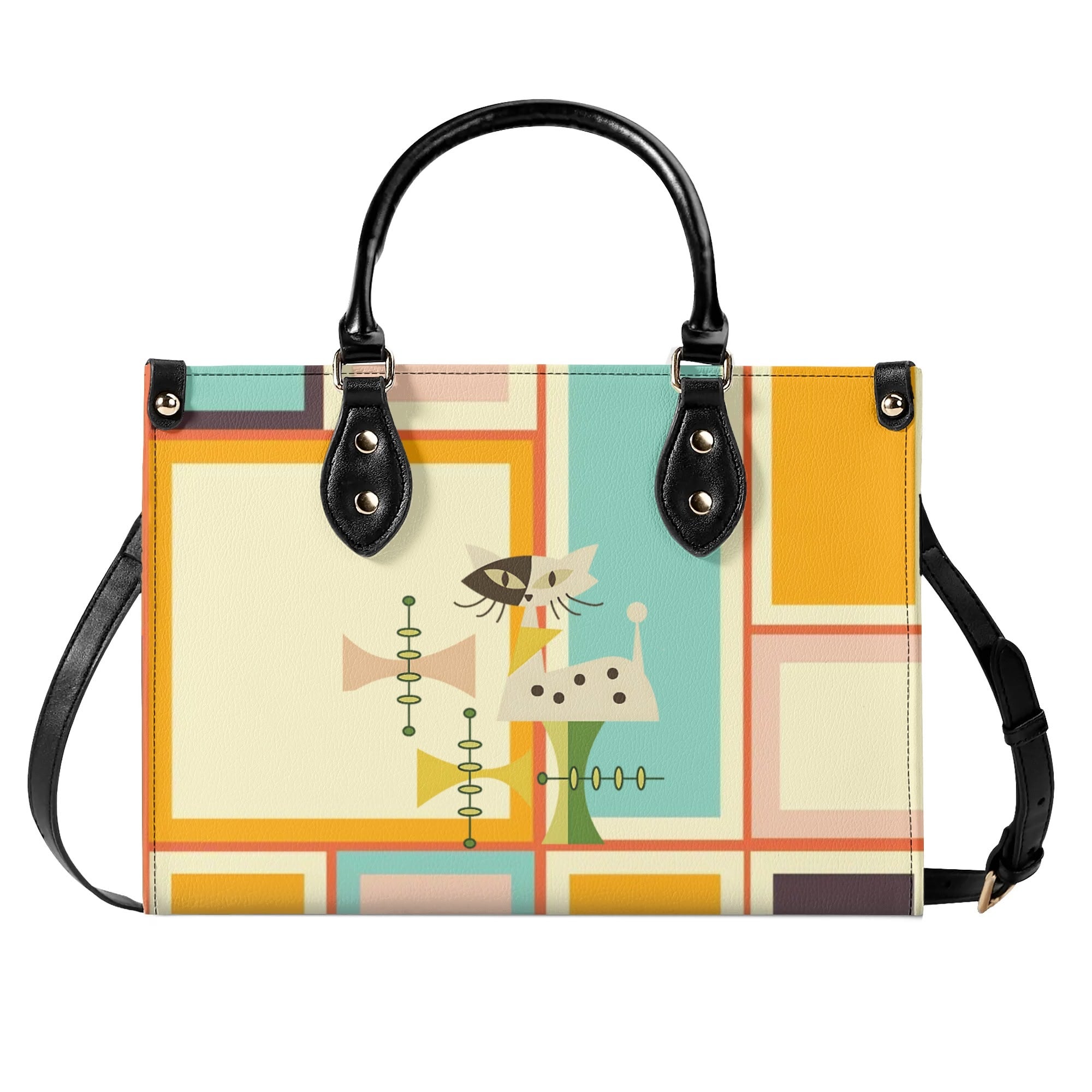 Mid Century Mod Kitschy Handbag, MCM Retro Geometric Designed With Atomic Kitty Cat - Mid Century Modern Gal