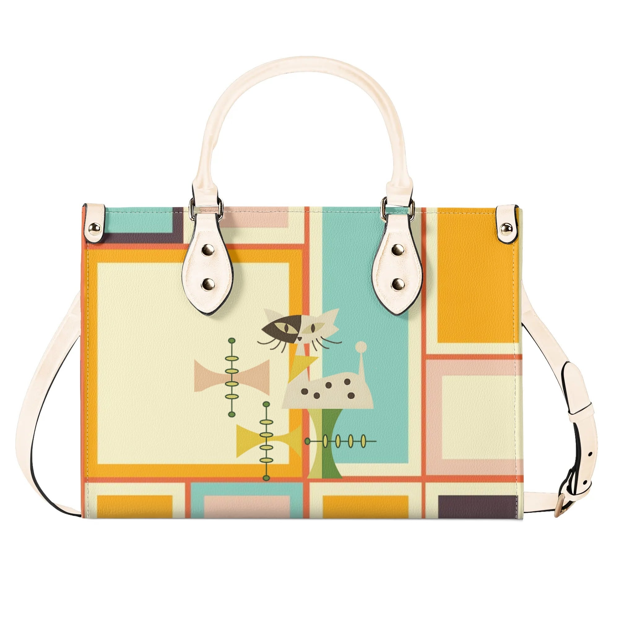 Mid Century Mod Kitschy Handbag, MCM Retro Geometric Designed With Atomic Kitty Cat - Mid Century Modern Gal