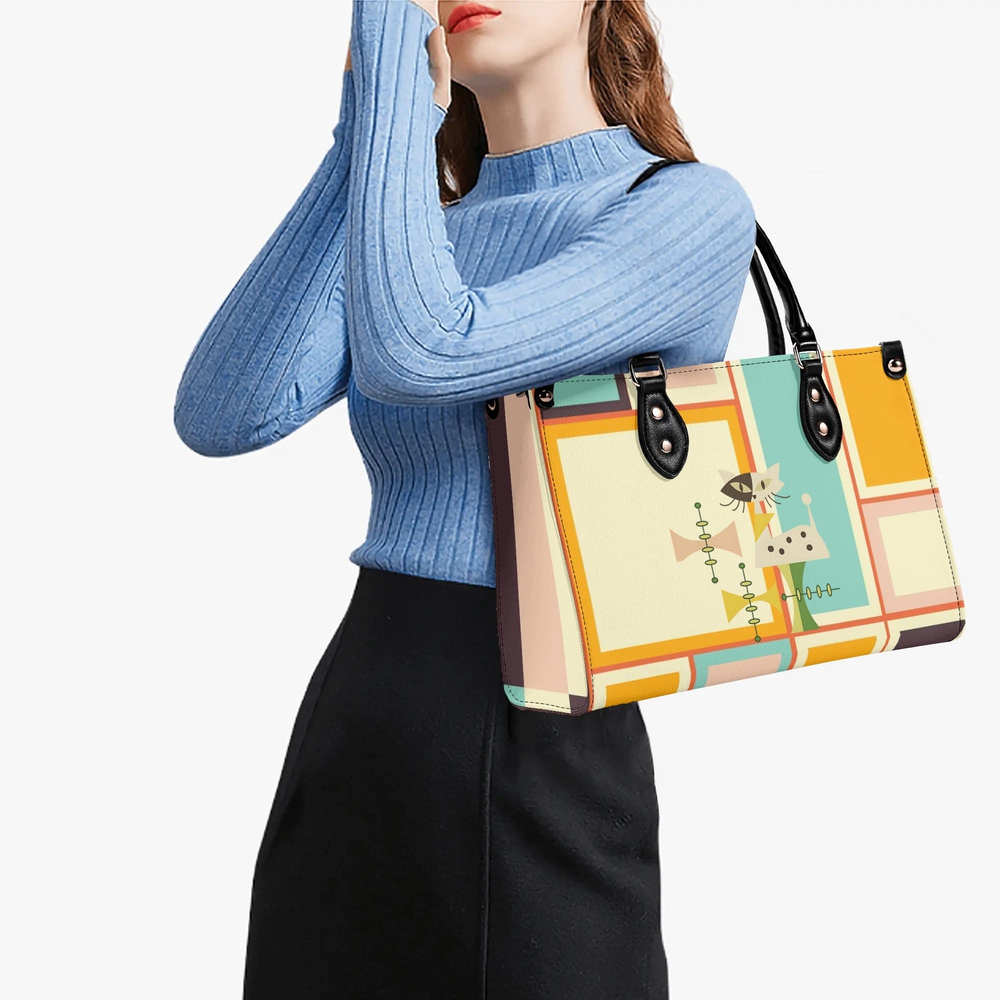 Mid Century Mod Kitschy Handbag, MCM Retro Geometric Designed With Atomic Kitty Cat - Mid Century Modern Gal