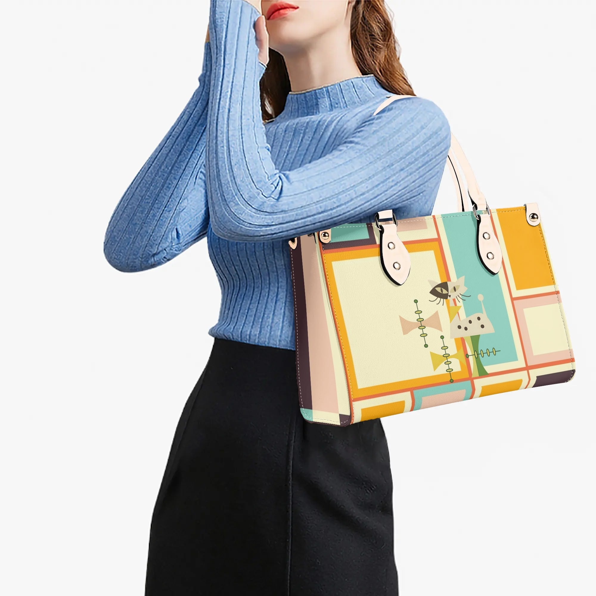 Mid Century Mod Kitschy Handbag, MCM Retro Geometric Designed With Atomic Kitty Cat - Mid Century Modern Gal