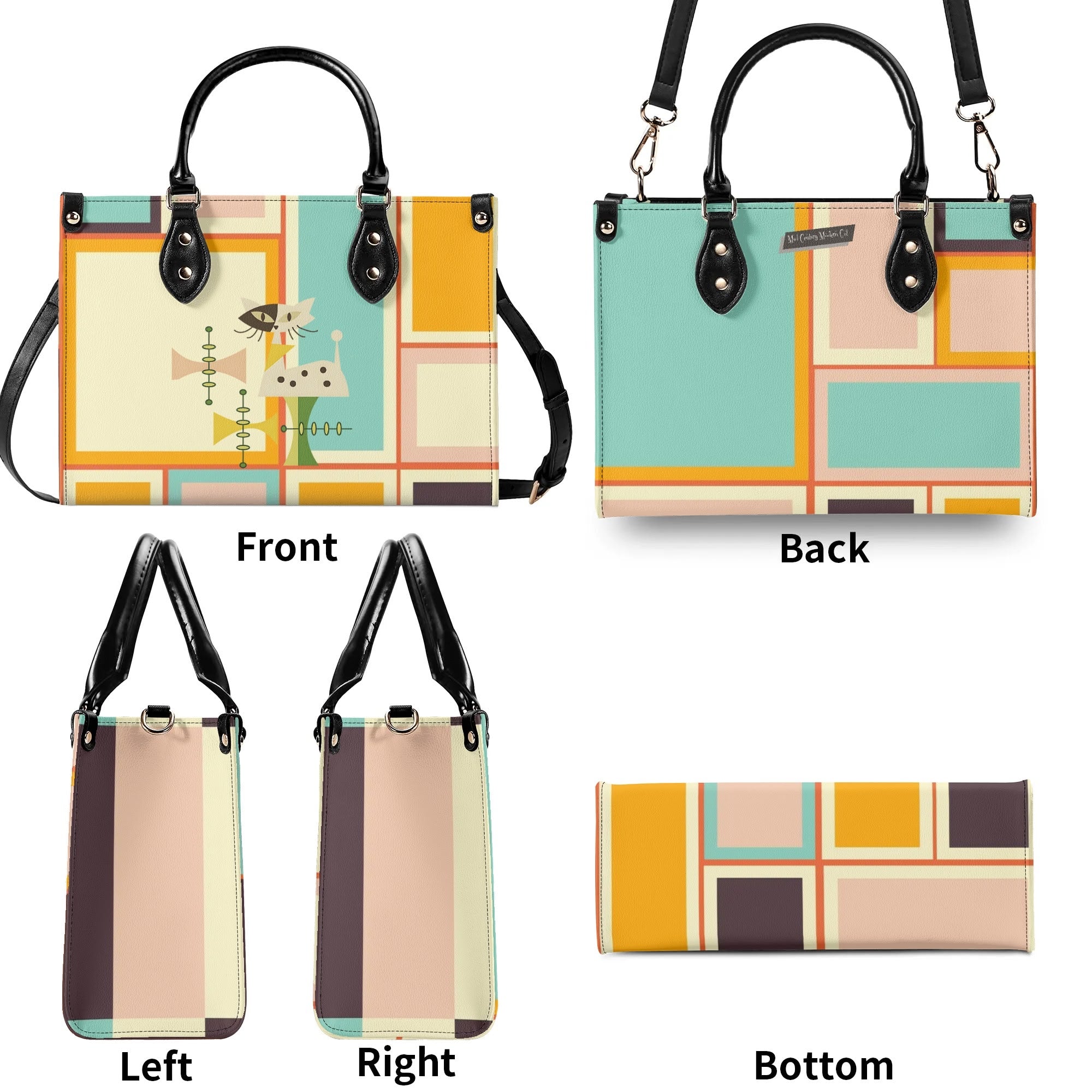 Mid Century Mod Kitschy Handbag, MCM Retro Geometric Designed With Atomic Kitty Cat - Mid Century Modern Gal