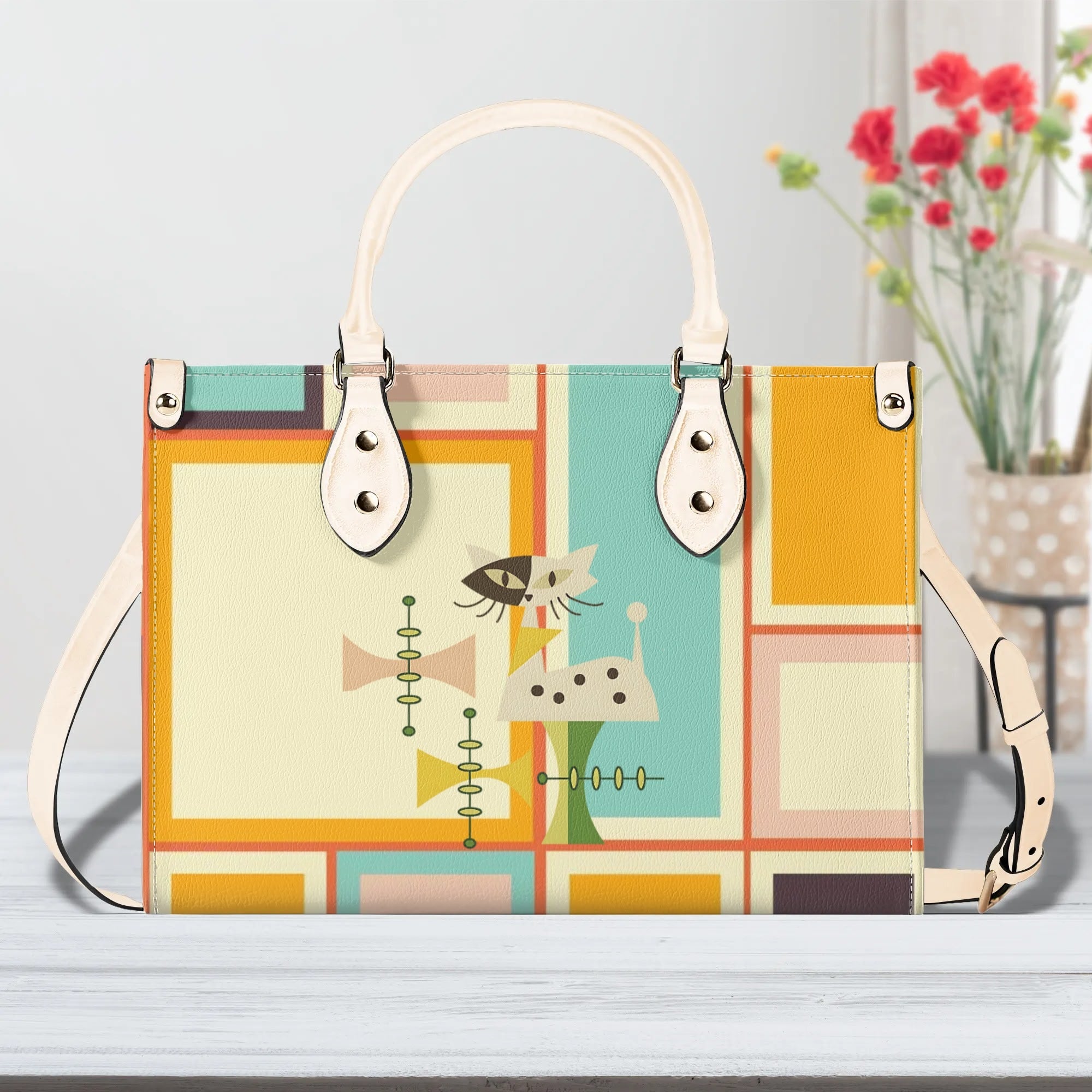 Mid Century Mod Kitschy Handbag, MCM Retro Geometric Designed With Atomic Kitty Cat - Mid Century Modern Gal