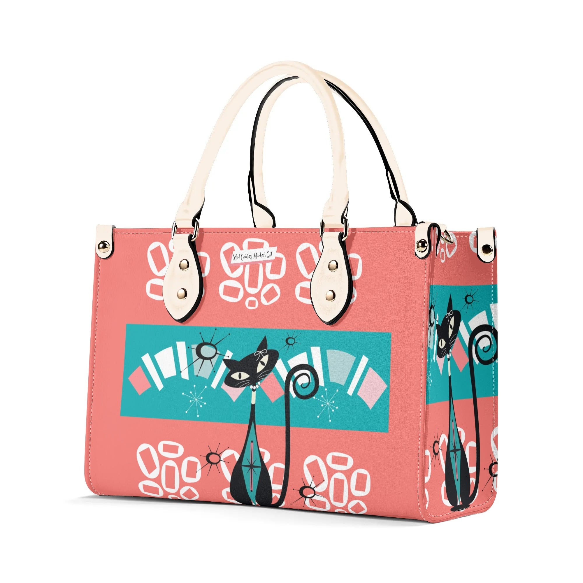 Atomic Kitschy Cat, Coral, Teal Quirky Fun Handag, Shoulder Bag By MCM GAL - Mid Century Modern Gal